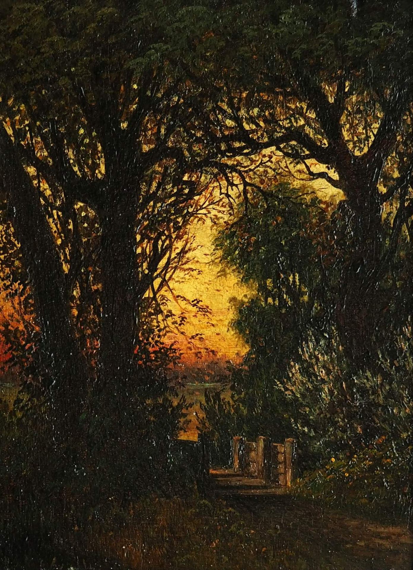 Abendlandschaft, Künstler 19. Jahrhundert. Landschaft im Abendrot im wamen gelb-gold und<i - Bild 2 aus 5