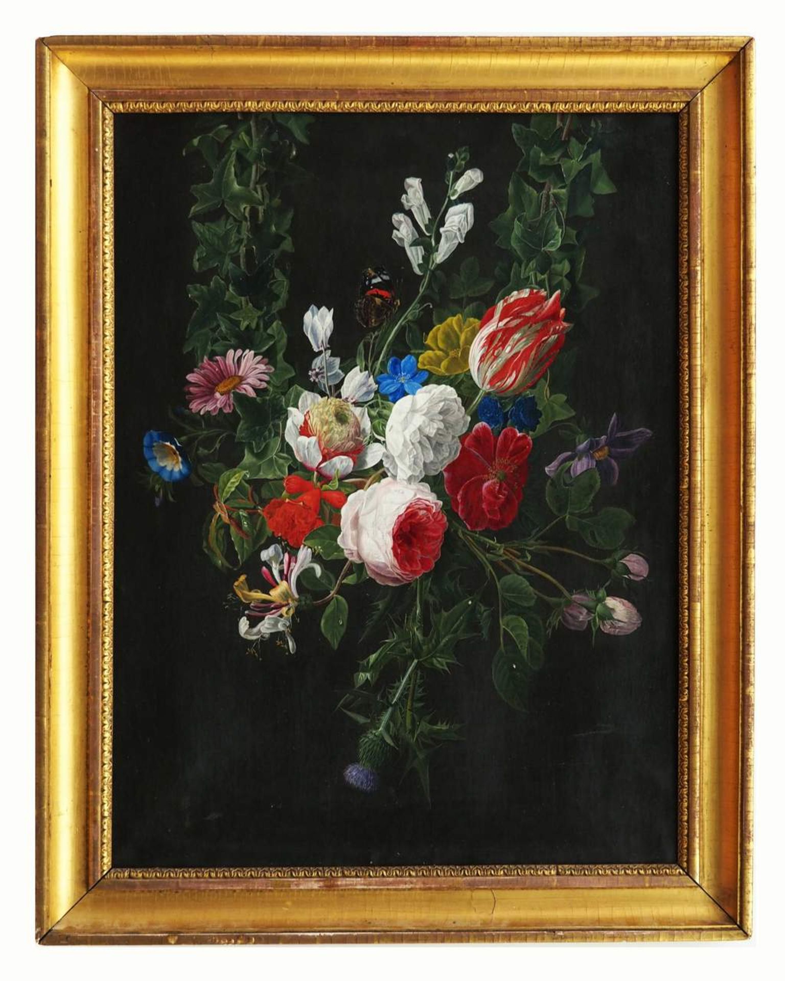 Unbekannter Meister des 19. Jahrhunderts. Blumenstilleben mit Schmetterling, opulente, harmonische< - Bild 3 aus 5