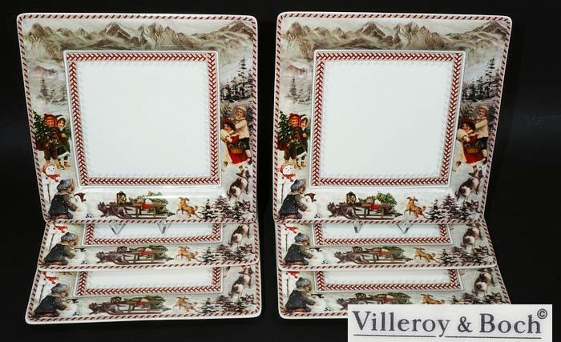 Weihnachtliche Frühstücks-/Speiseteller. VILLEROY & BOCH. 6er Satz. Quadratische Form, die leicht