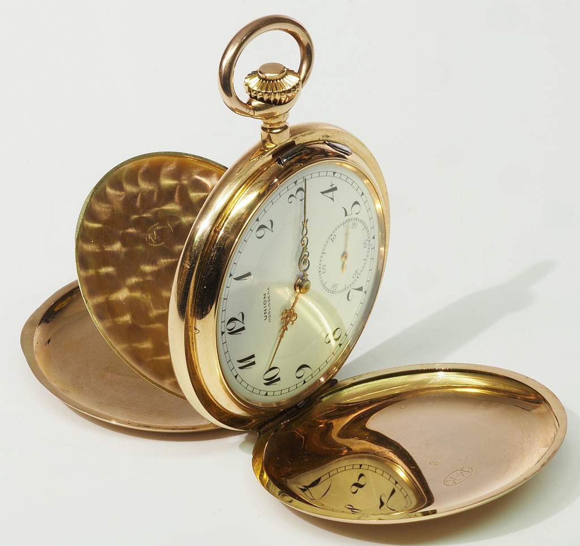 Taschenuhr UNION Horlogere, 585er Gold. Alle Deckel (auch Staubdeckel) aus Gold. Weißes - Image 8 of 8