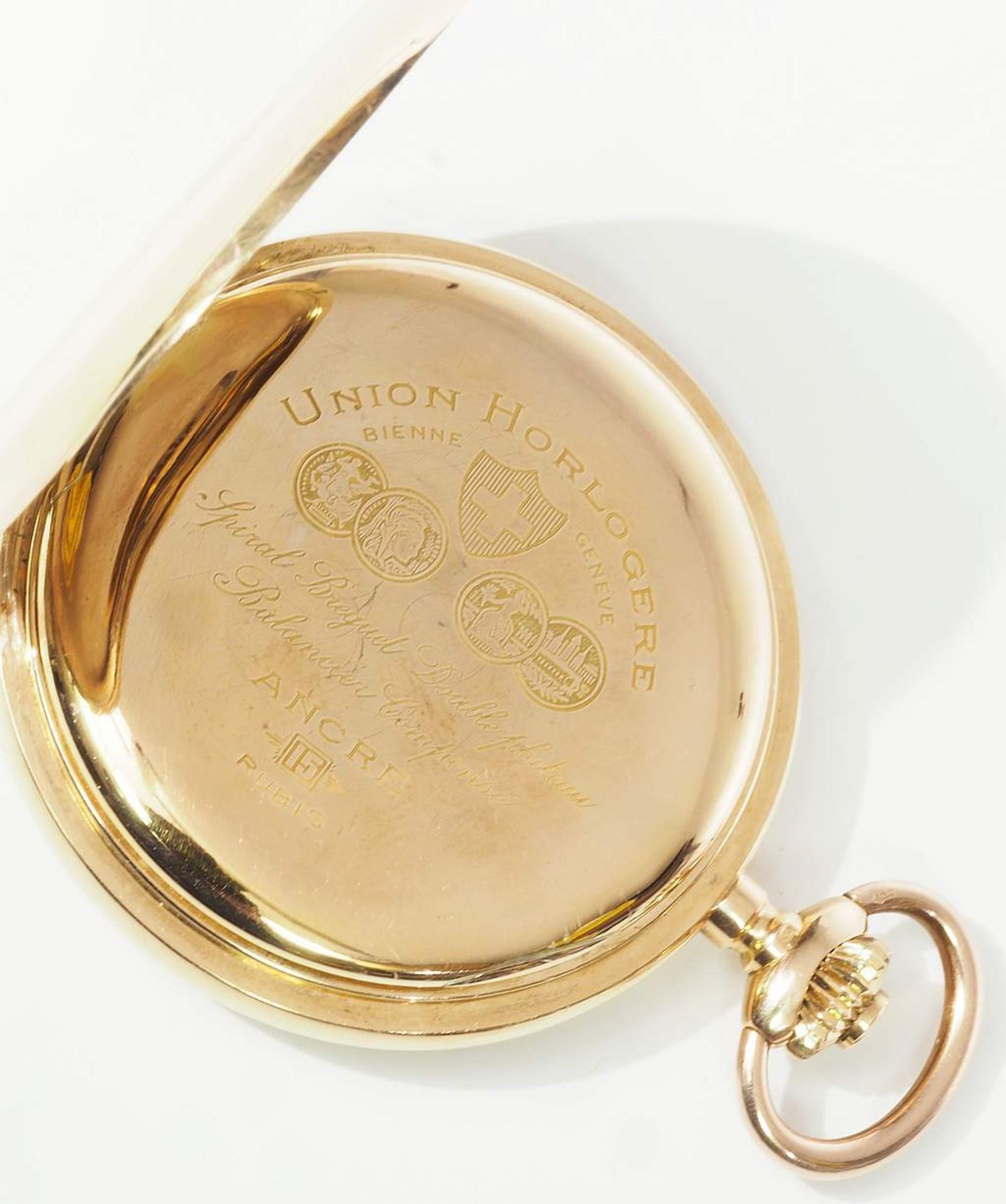 Taschenuhr UNION Horlogere, 585er Gold. Alle Deckel (auch Staubdeckel) aus Gold. Weißes - Image 5 of 8