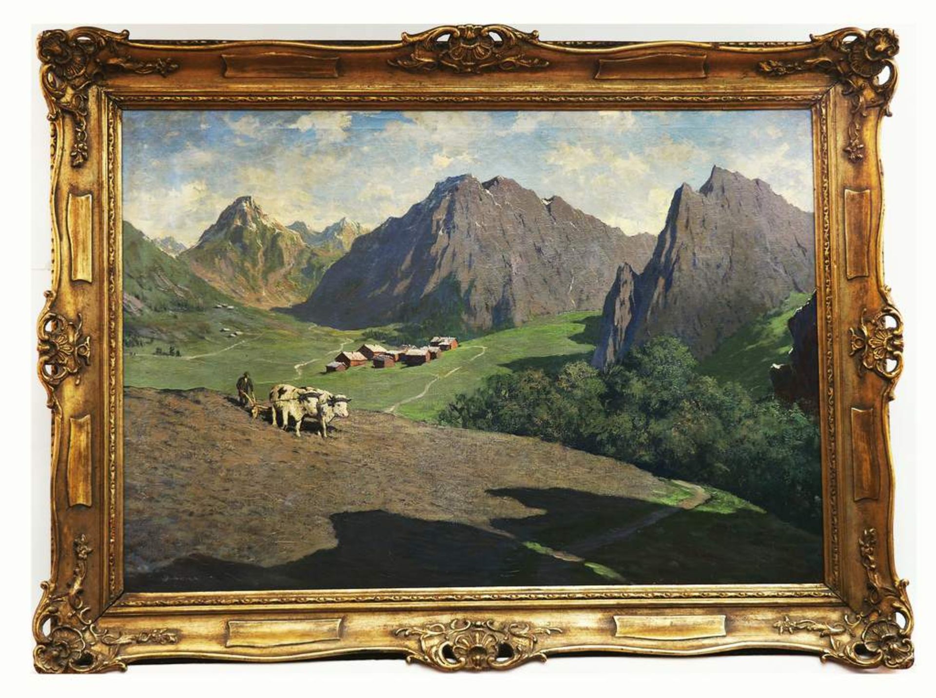 Bergbauer mit Weidevieh im Hochgebirge. Öl auf Leinwand, links unten signiert. Verso altes - Bild 3 aus 5