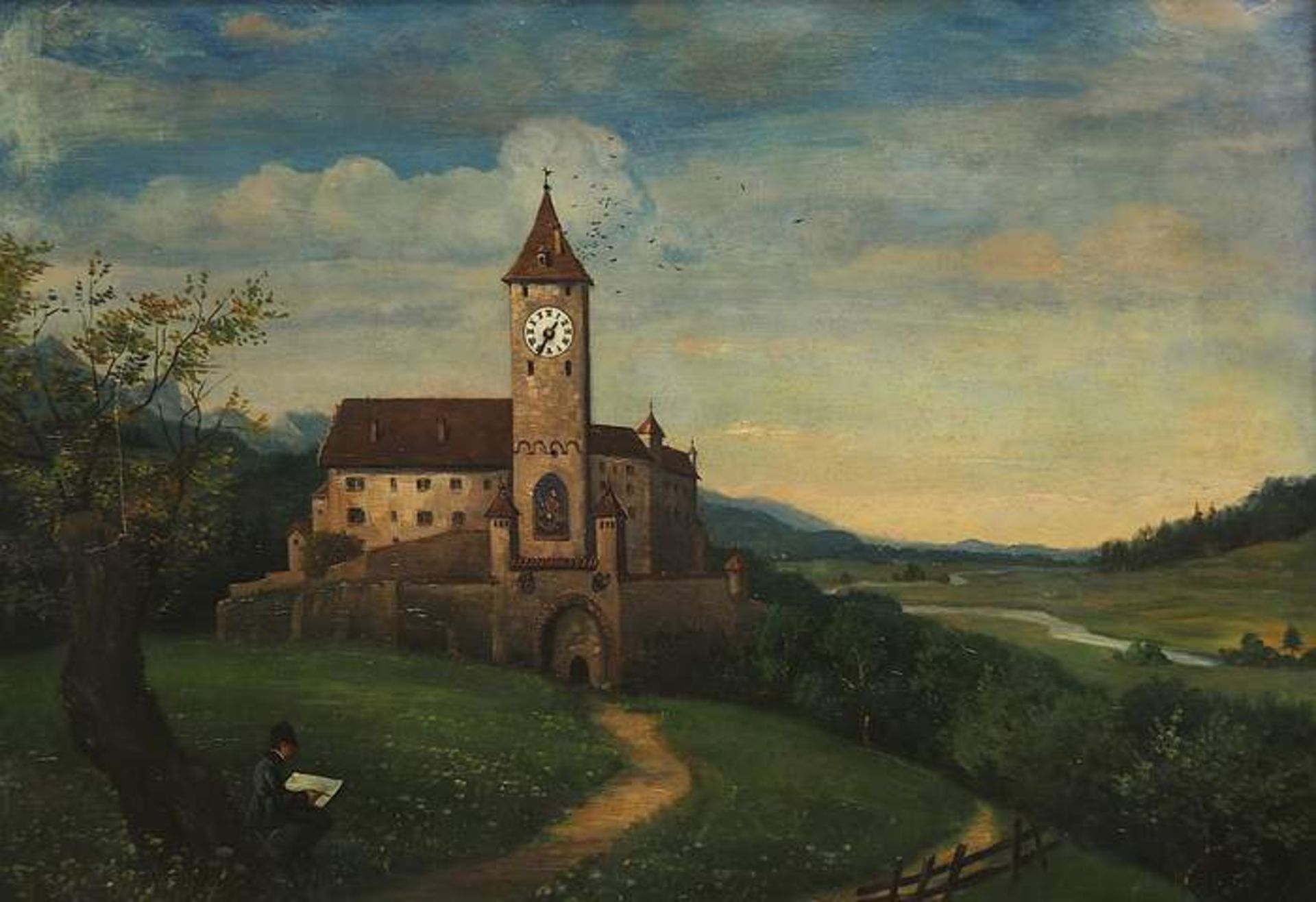 Bilderuhr, 19. Jahrhundert. Wanderer in romantischer Ideallandschaft, in der Bildmitte eine Kirche<