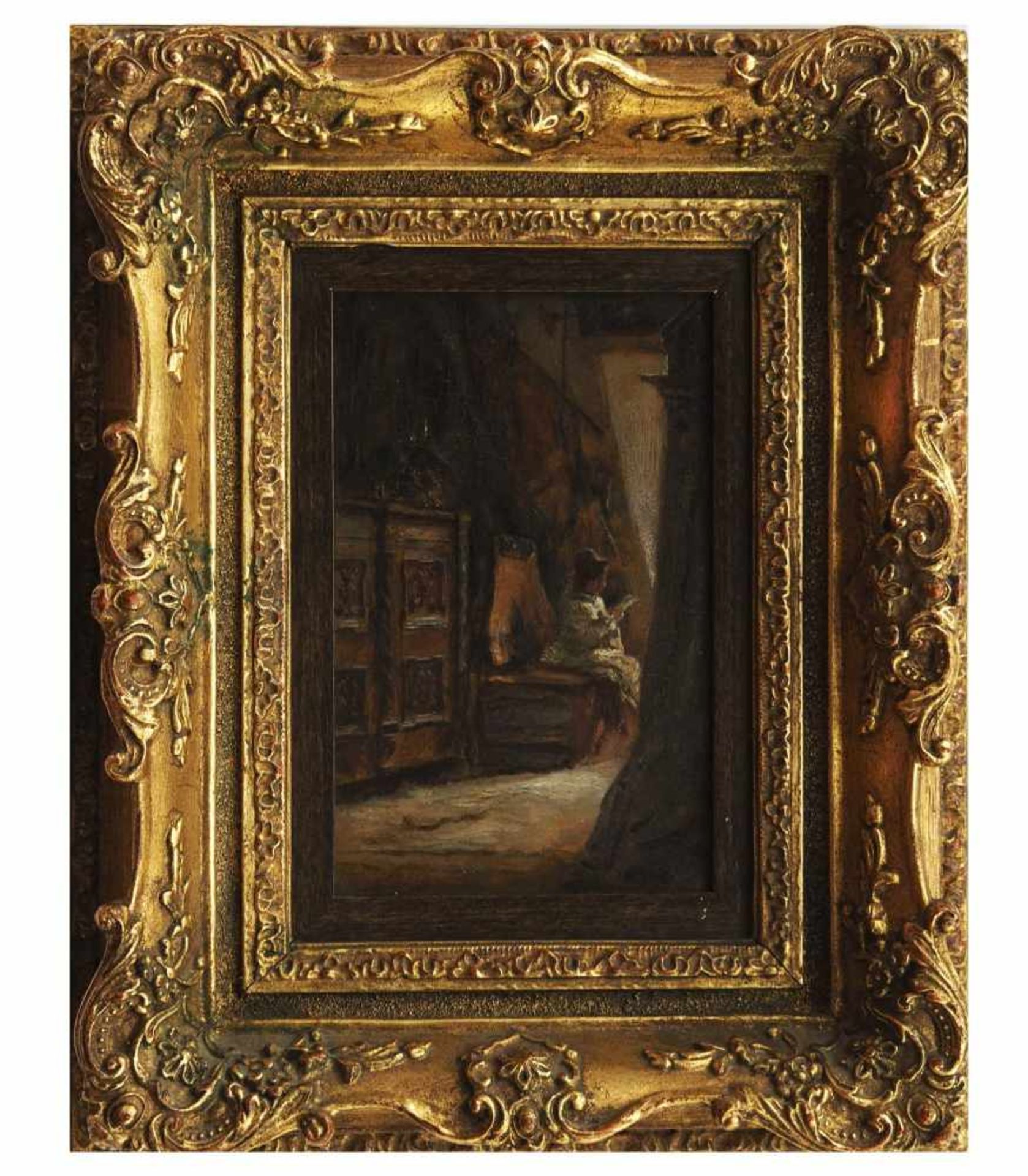 Maler des 19./20. Jahrhunderts. Blick in ein Stubeninterieur mit halbhohem Schrank, auf einer<b - Bild 3 aus 6
