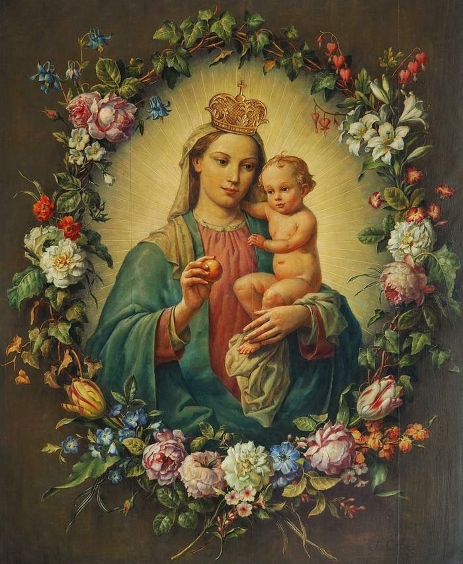 ECKE, P. "Madonna mit Kind im Blumenkranz". 2. Hälfte 19. Jahrhundert, Öl auf Holzplatte, unten<b