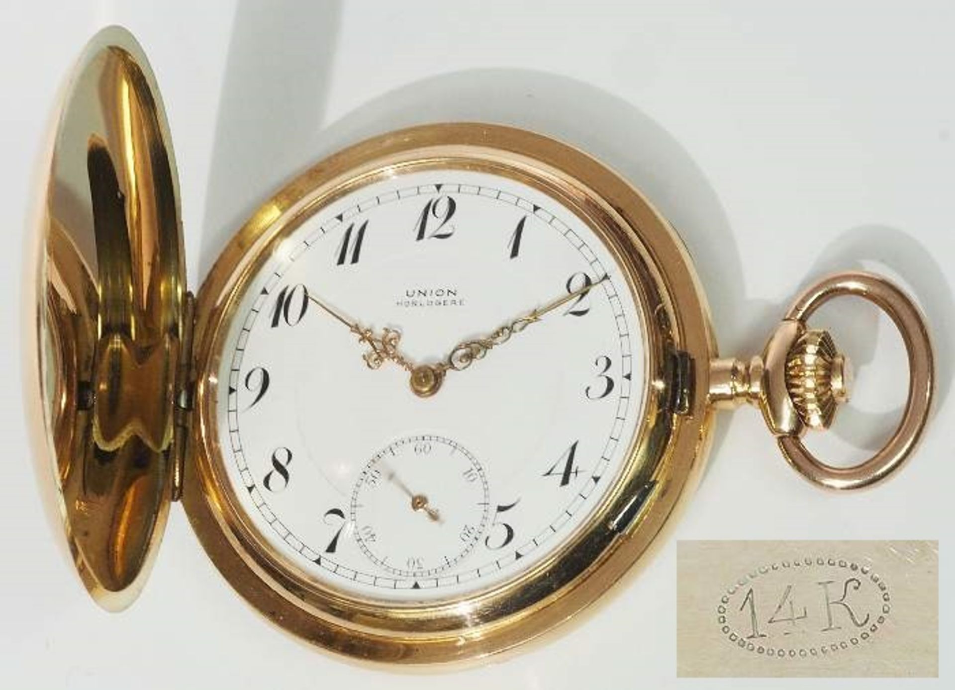 Taschenuhr UNION Horlogere, 585er Gold. Alle Deckel (auch Staubdeckel) aus Gold. Weißes