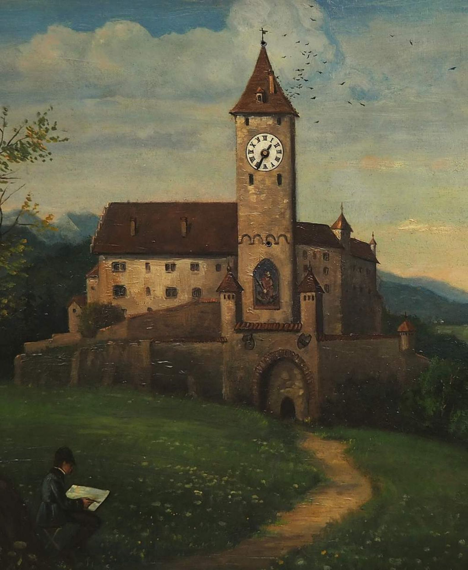 Bilderuhr, 19. Jahrhundert. Wanderer in romantischer Ideallandschaft, in der Bildmitte eine Kirche< - Bild 4 aus 5