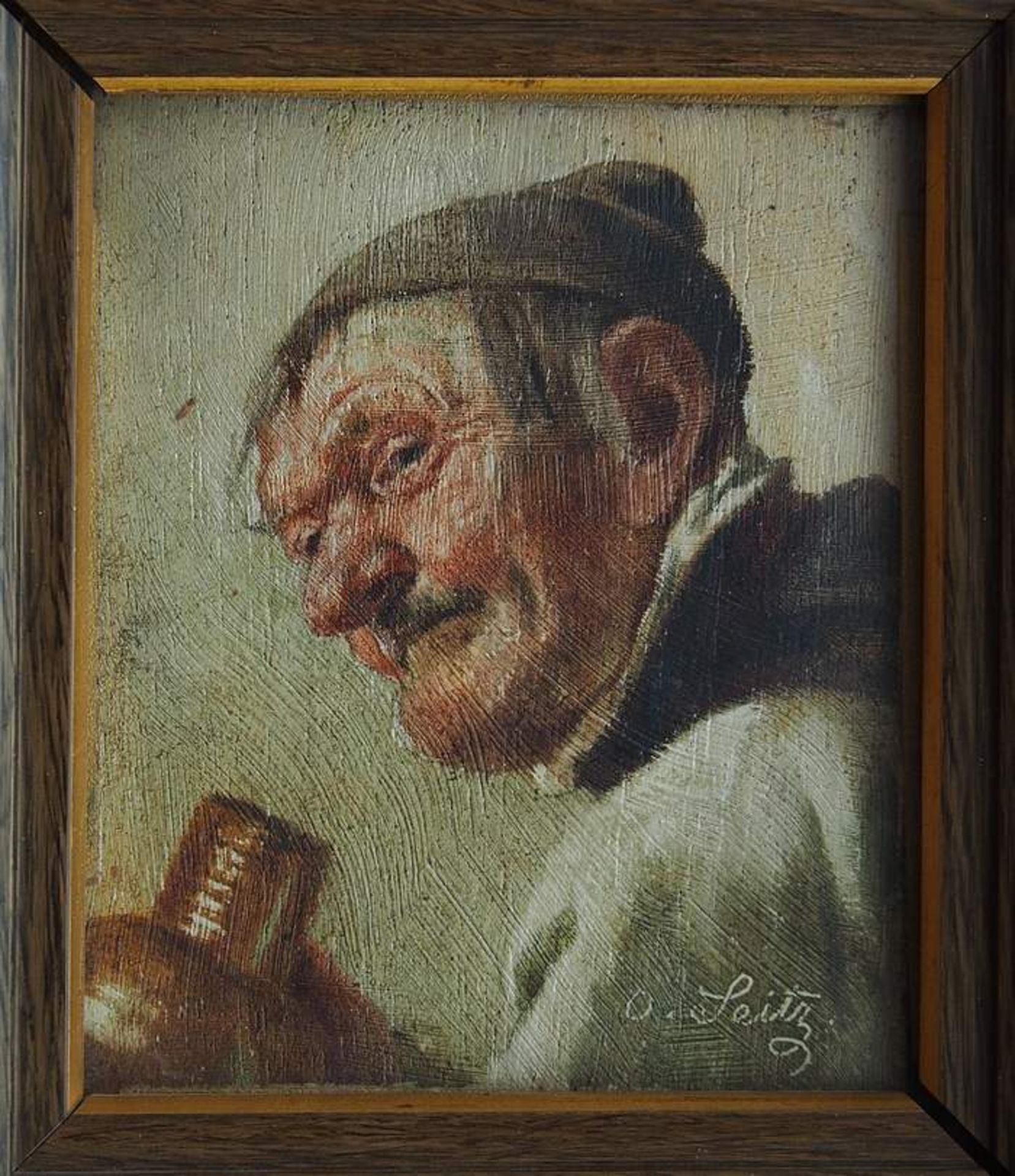 SEITZ Otto. 1846 München - 1912 ebenda, Porträt eines Bauern mit Krug,. Dargestellt Bildnis eines
