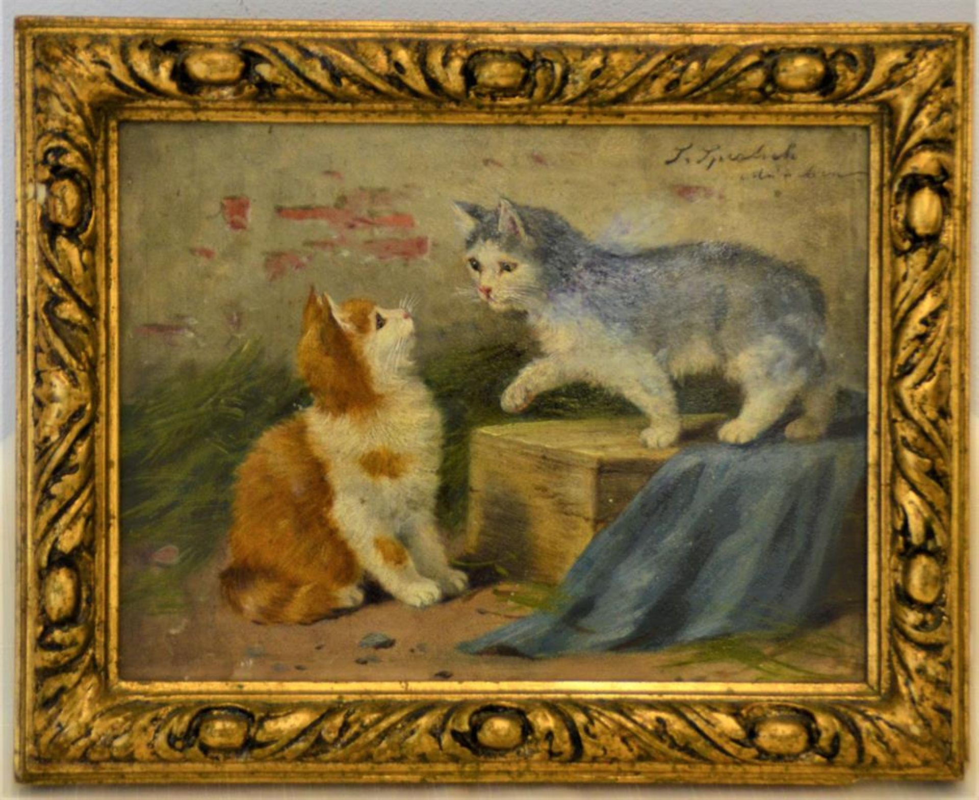 Gemälde " Zwei Katzen " von Sophie Sperlich ( 1963 München - 1906 München ), dt. Tiermalerin tätig