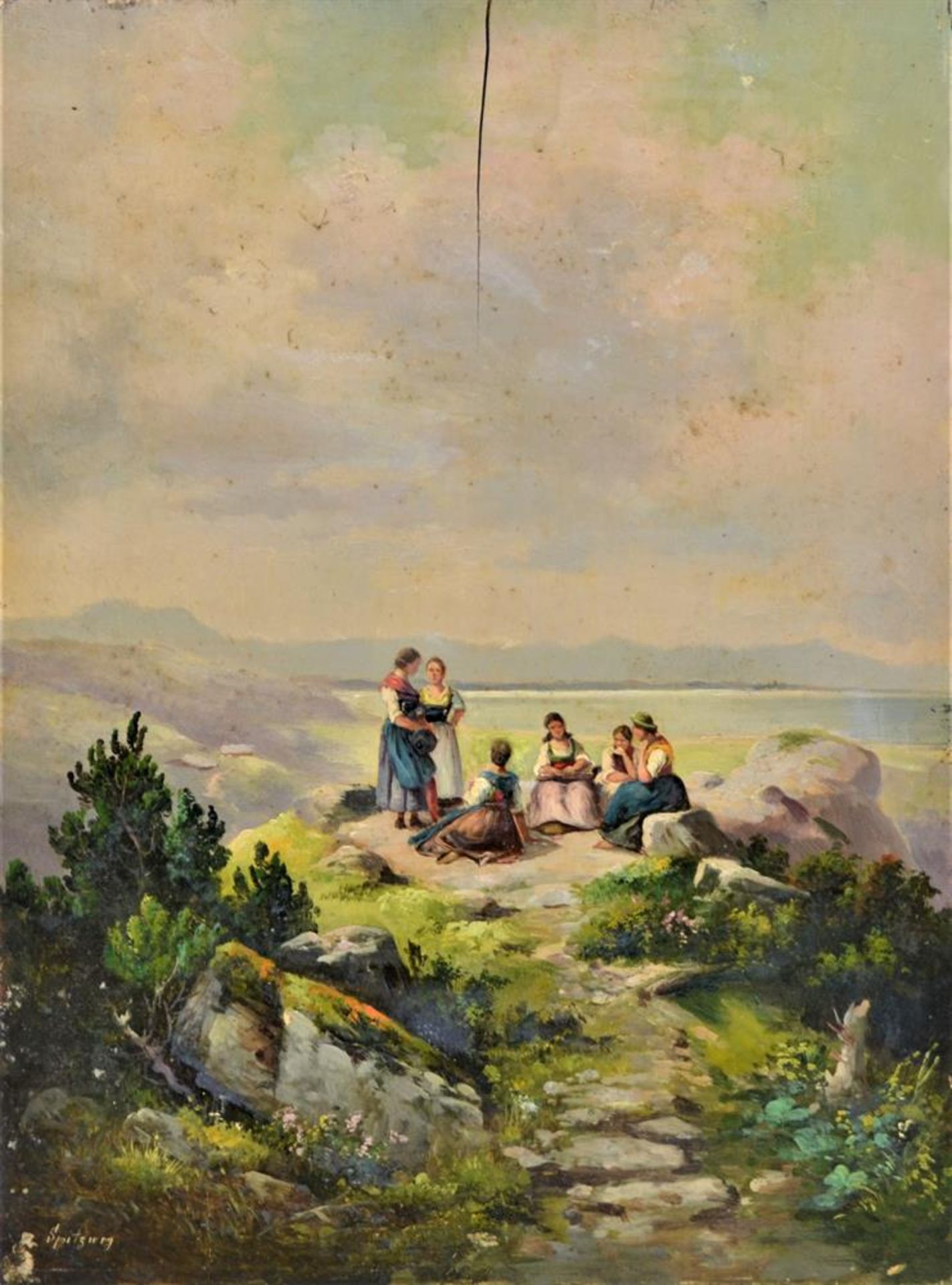 Gemälde " Trachtlerinnen beim Musizieren ", Öl auf Holz, signiert links unten " Spitzweg ",