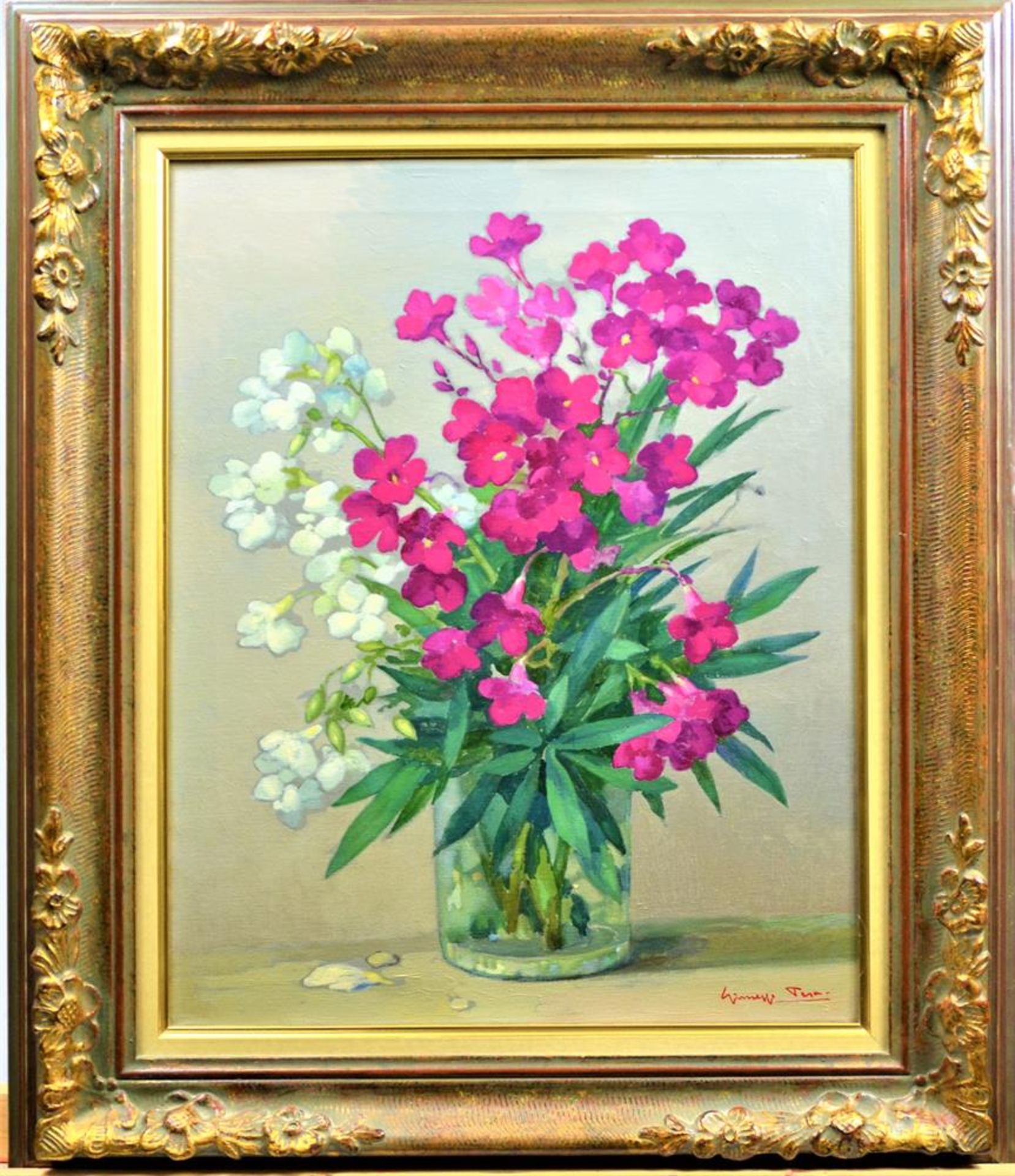 Gemälde " Blumen Stilleben ", unleserlich signiert, Öl auf Leinwand, 67.5 x 57,5cm ( mit Rahmen )