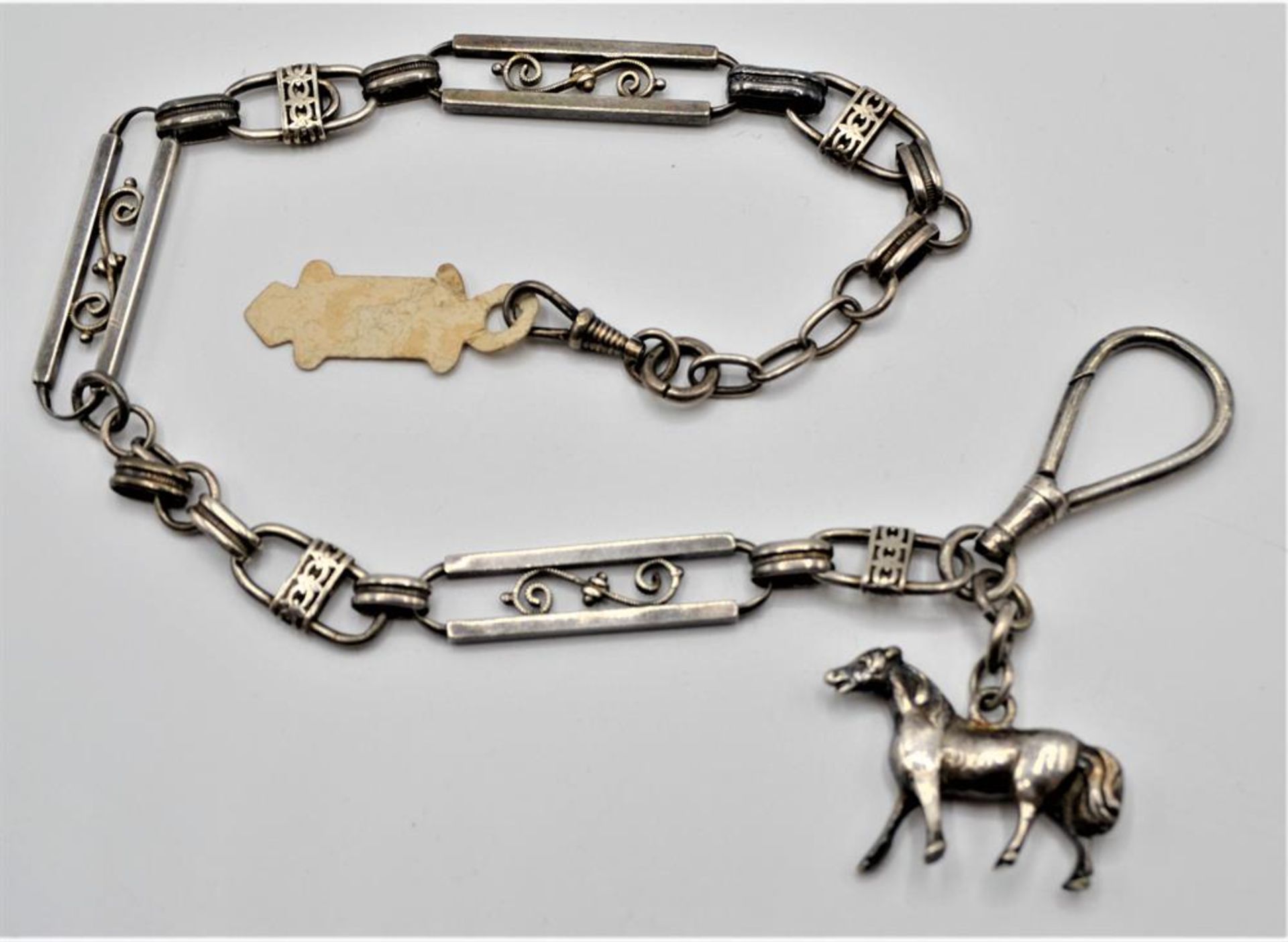 Taschenuhrenkette 800 Silber mit Pferdefigur ( kein Silber ) ca. 36cm