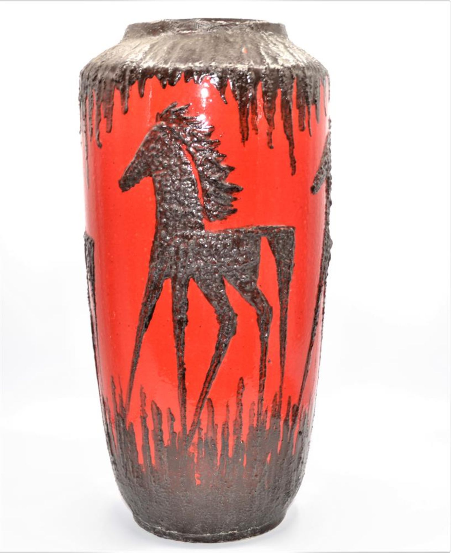 Scheurich Keramik Vase Modell 517-50 Lava Design mit schwarzen Pferden, 70er Jahre, ca. 49cm