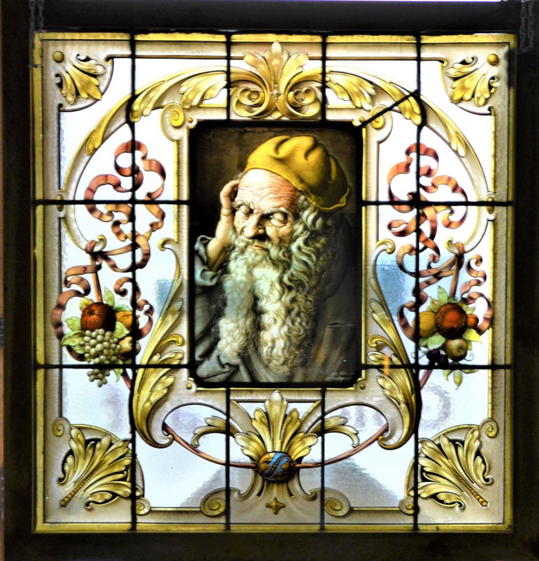 Bleiverglastes Fensterbild wahrscheinlich 19 Jhdt., Darstellung von Albrecht Dürer, Signatur K.