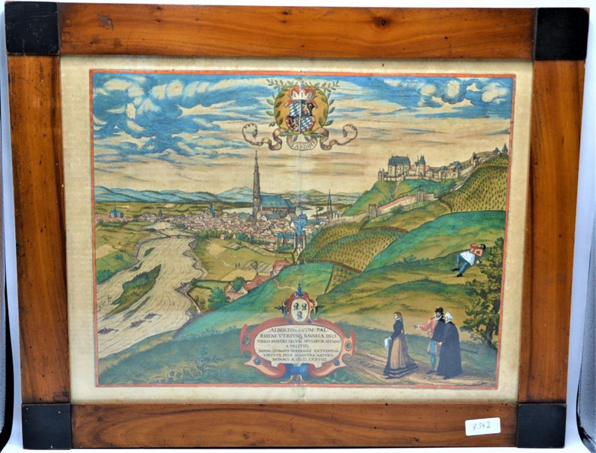 Kupferstich Landshut koloriert, alte Landkarte Landshut nach Georg Hoefnagel (1542-1600) aus Braun/