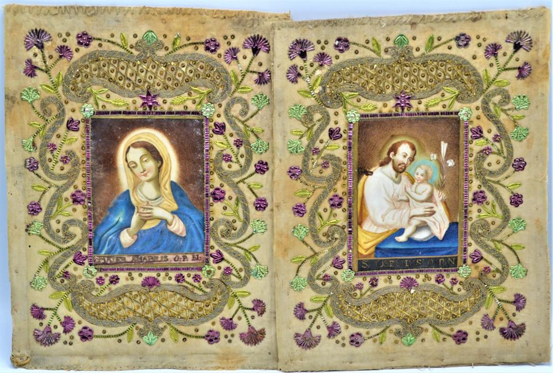 Klosterarbeiten Paar Pergamentmalerei 1. Hälfte 19. Jhdt. IOSEPHUS MATER AMABILIS ca. 23x18cm