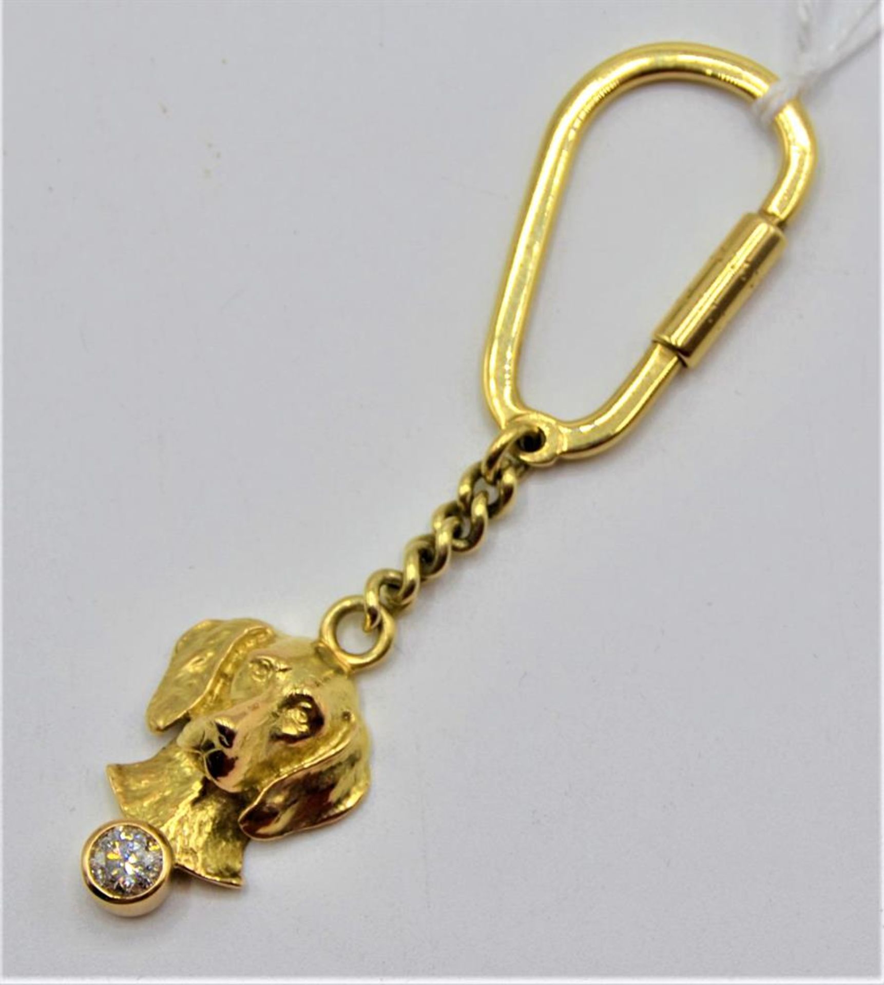 Schlüssel Anhänger Dackel 585 Gold mit Brillant ca. 0,5ct (pique), Goldschmiedearbeit