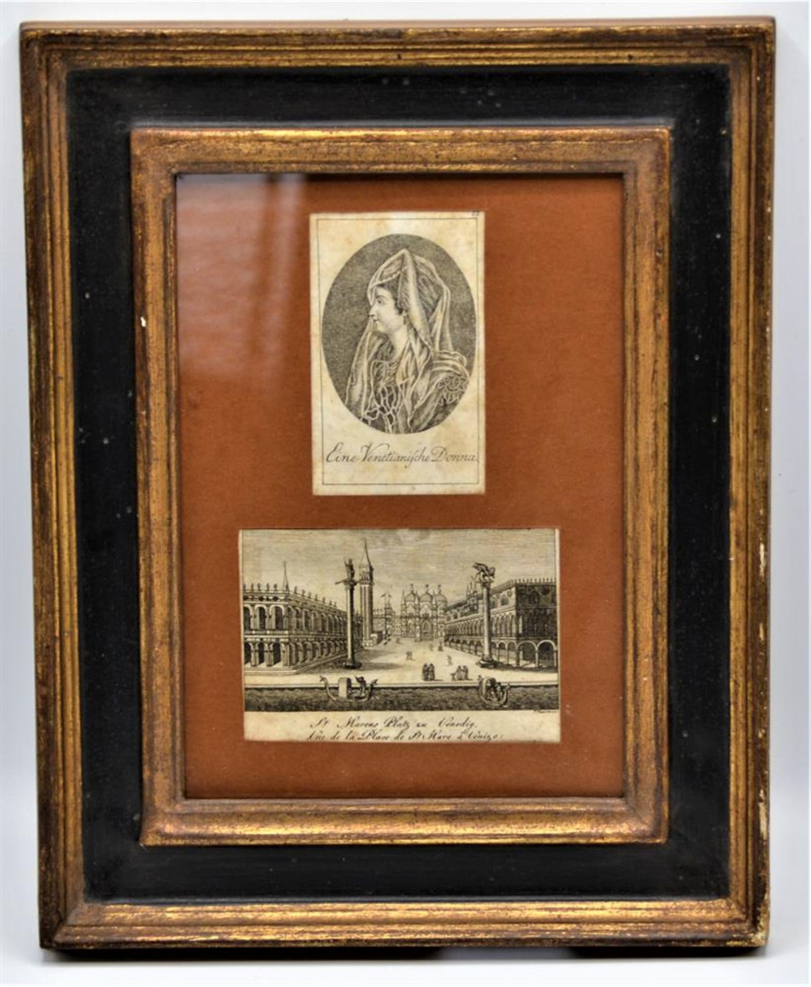 Bild 2 kleine Kupferstiche gerahmt ,,Eine Venetianische ,,Donna" ,,St. Marcus Platz zu Venedig"