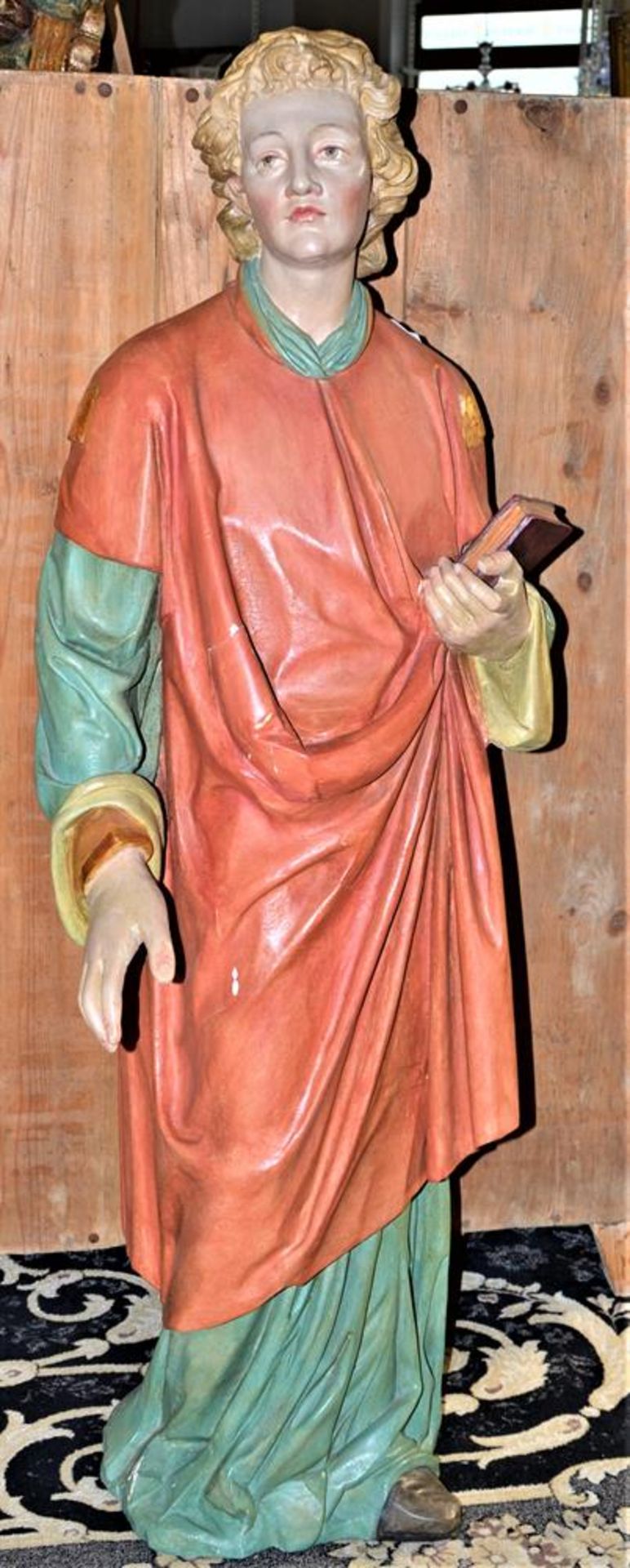 Kirchenfigur Schnitzfigur Heiliger Laurentius von Rom mit Buch 19.Jhdt. ca. 120cm