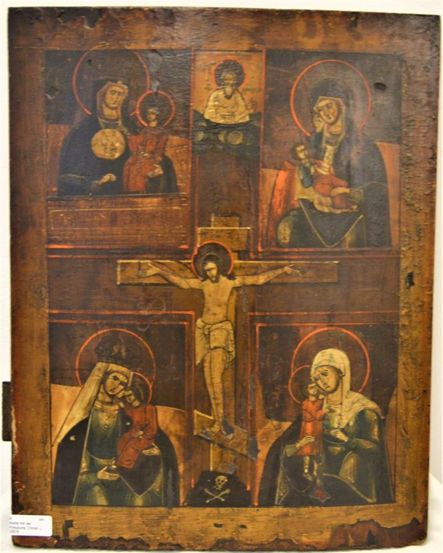 Ikone mit der Kreuzung Christi und vier Gnadenbildern der Gottesmutter 43,5 x 34,5cm, Sponki