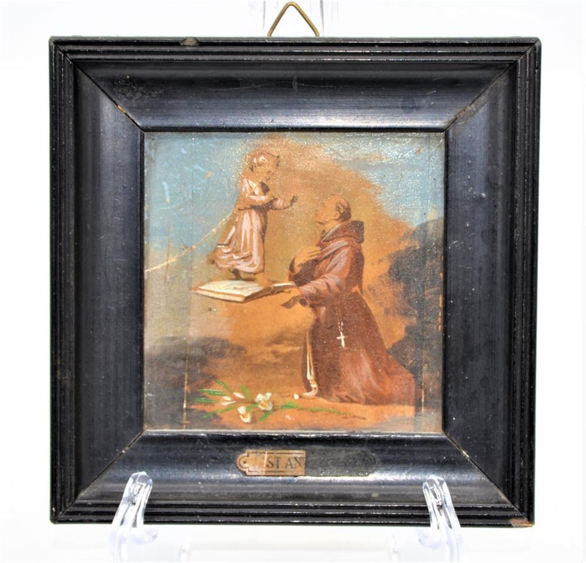Gemälde klein St. Antonius von Padua mit Jesuskind, beschädigt Brüche, 12x12cm (mit Rahmen)