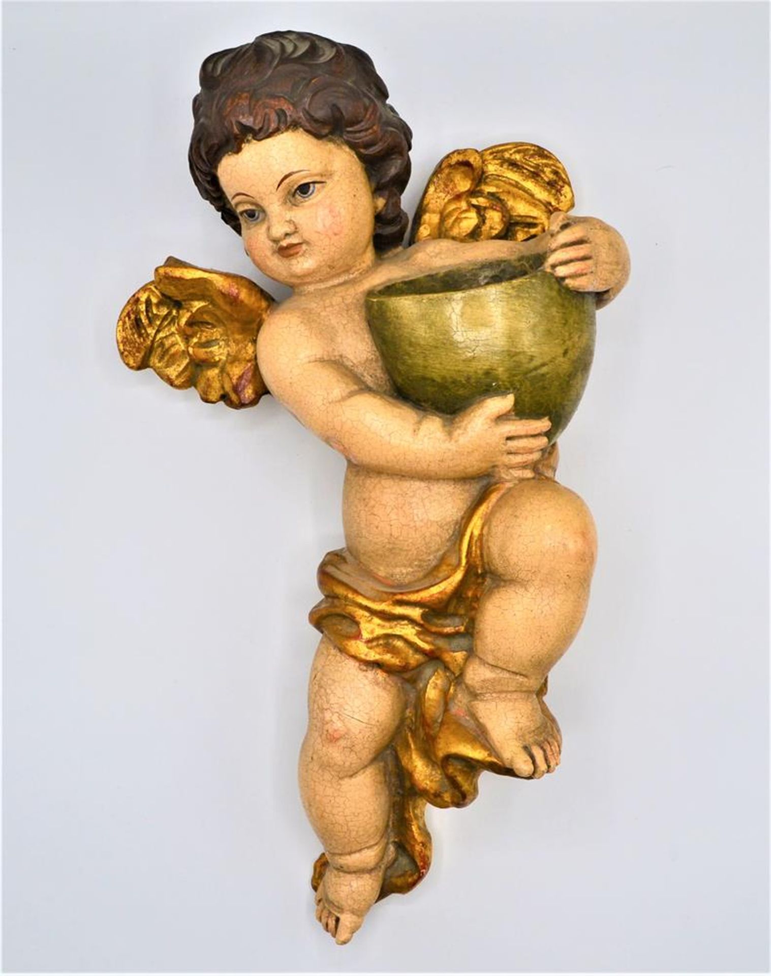 Schnitzfigur Putto Engel mit Schüssel 43cm