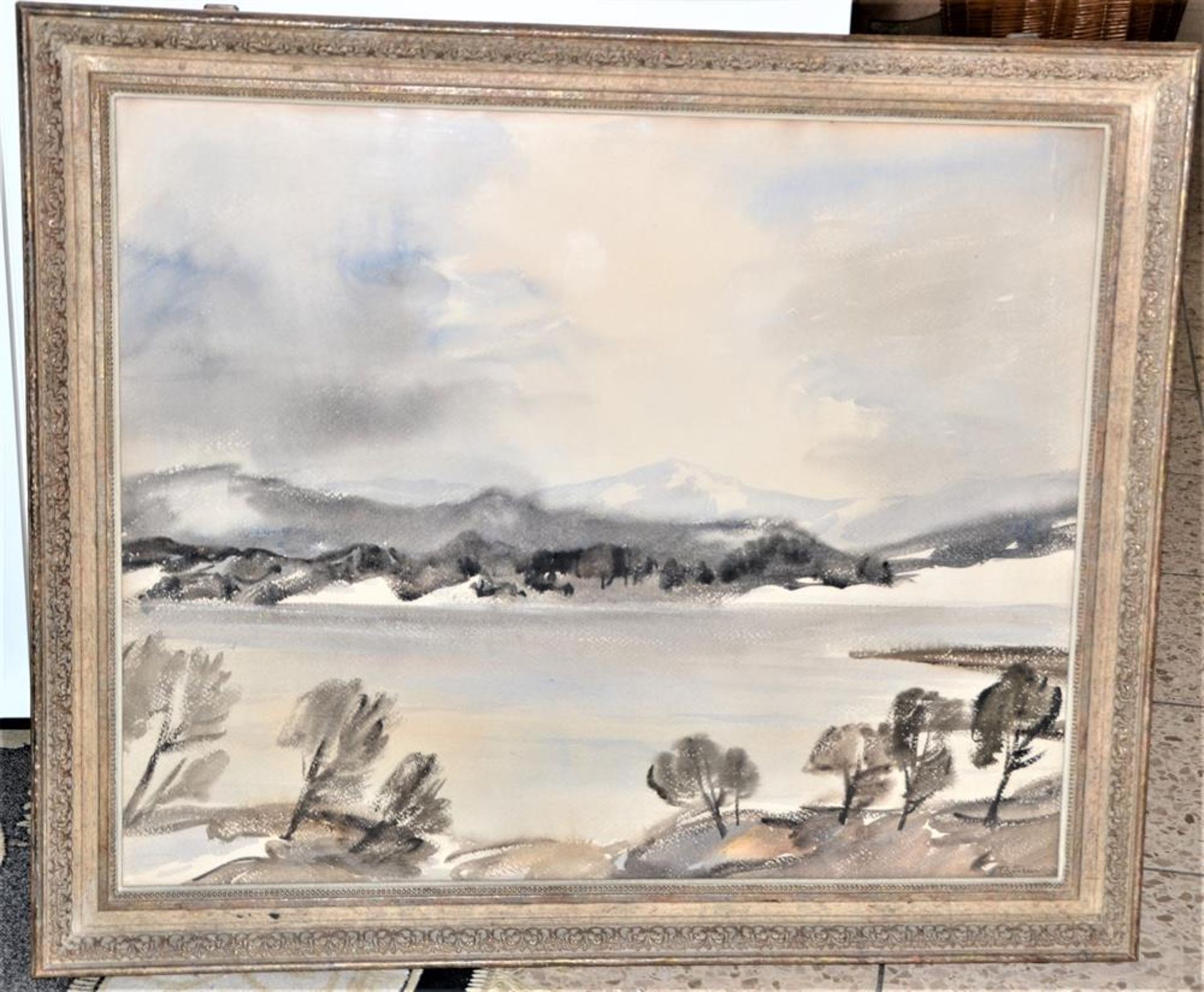 Gemälde Aquarell ,,Winterbild Nebel im Jura" rechts unten unleserlich signiert, 79x66cm (mit
