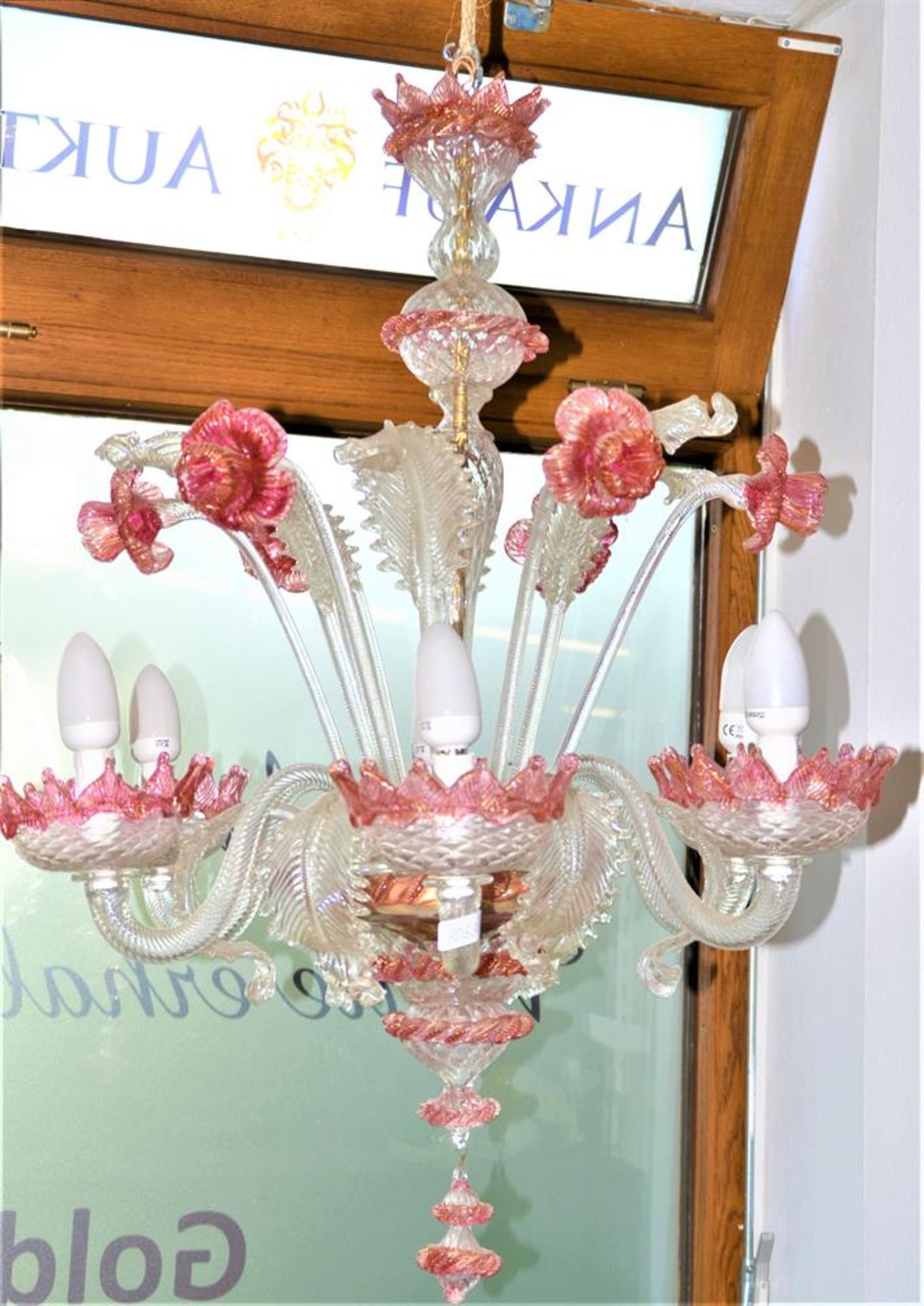 Murano Glas Kronleuchter 6-armig durchsichtig rosa Øca. 65cm Länge 85cm (Elektrik nicht geprüft)