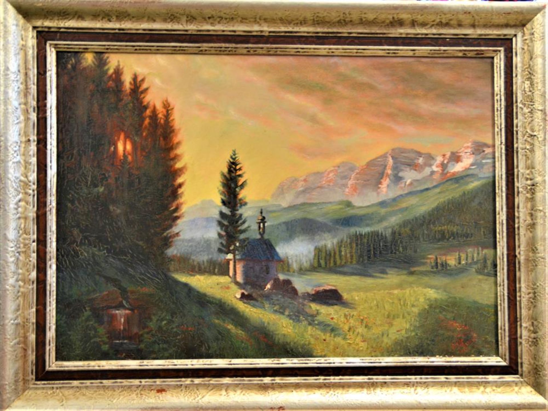 Gemälde Gebirgslandschaft mit Kapelle, wahrscheinlich von Max Kahrer (1878 Temesvar-1937