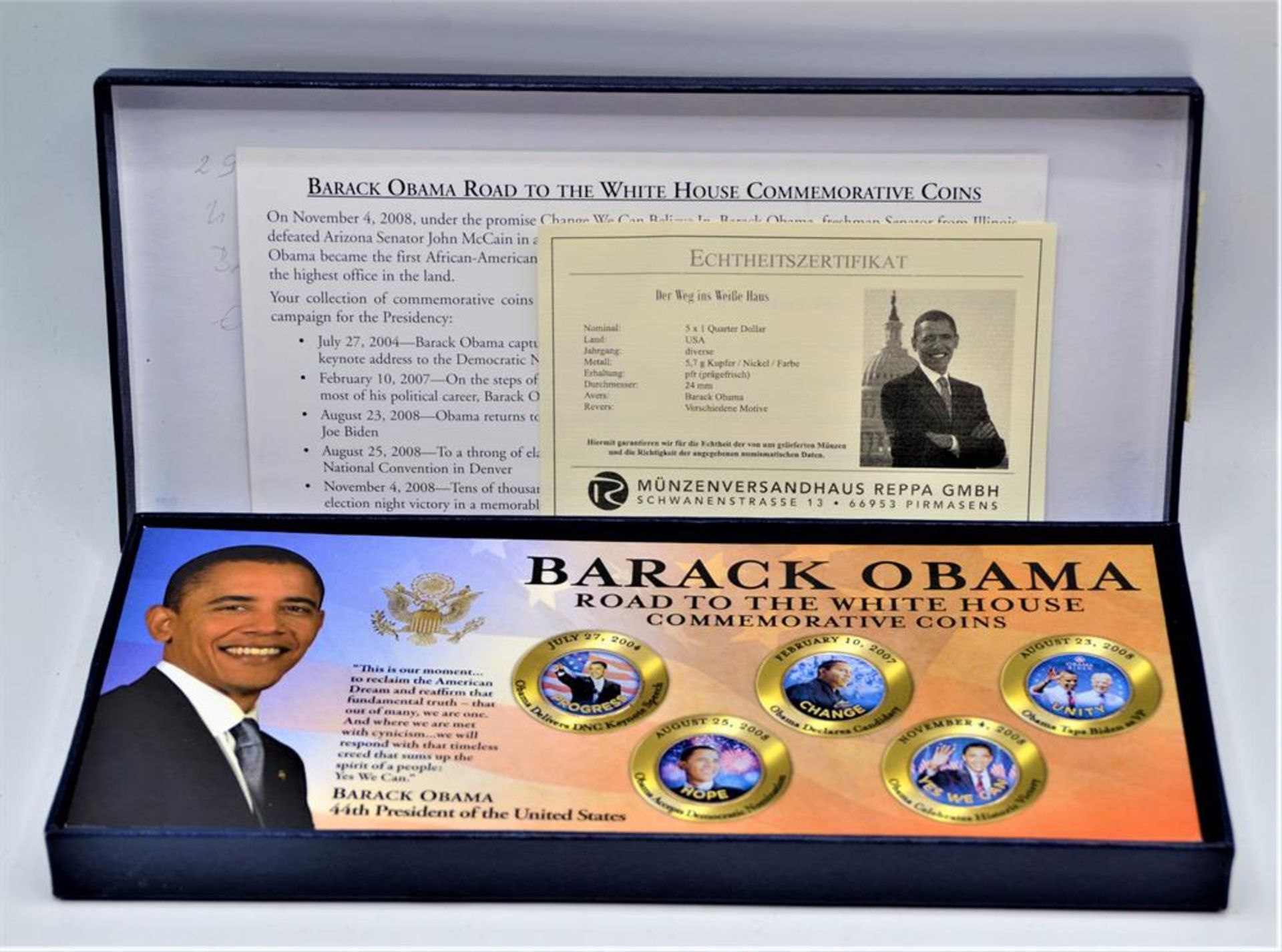 Barack Obama Commemorative Coins ,,Der Weg ins Weiße Haus", 5x 1 Quarter Dollar verschiedene Motive,