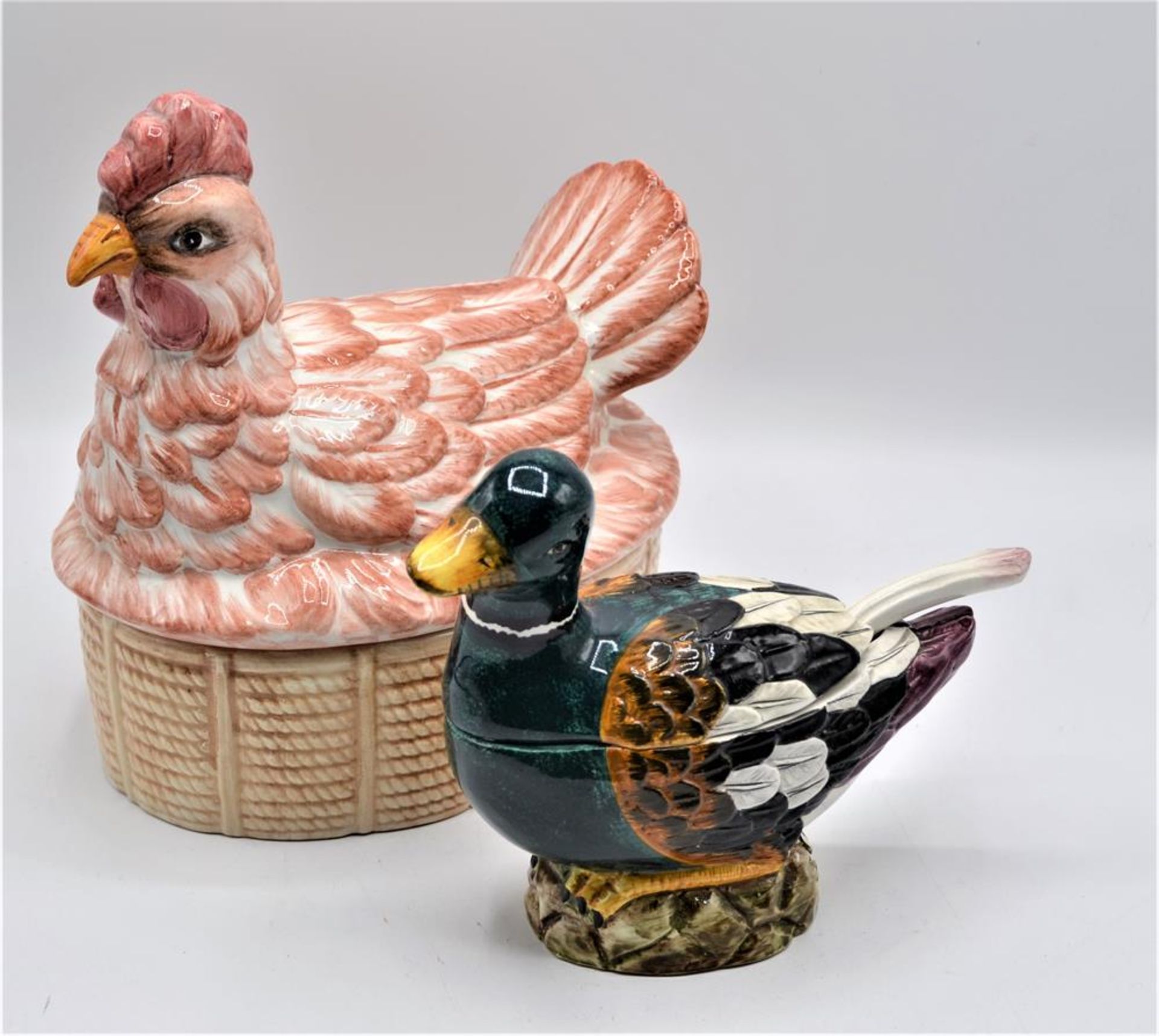 Konvolut 2 Deckeldosen Huhn Keramik Eierbecher La Vecia Botega Marostica und Ente mit Löffel Por