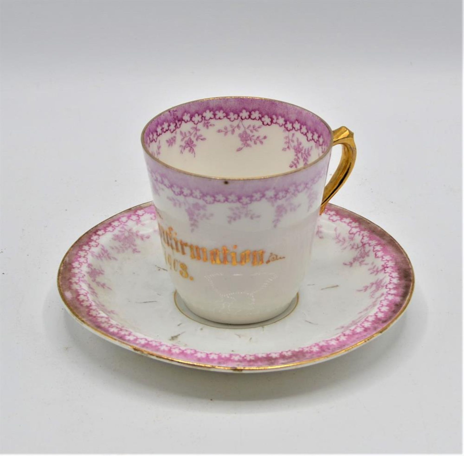 Tasse ,,Zur Confirmation 1903" mit Unterteller, Andenkentasse, Sammeltasse