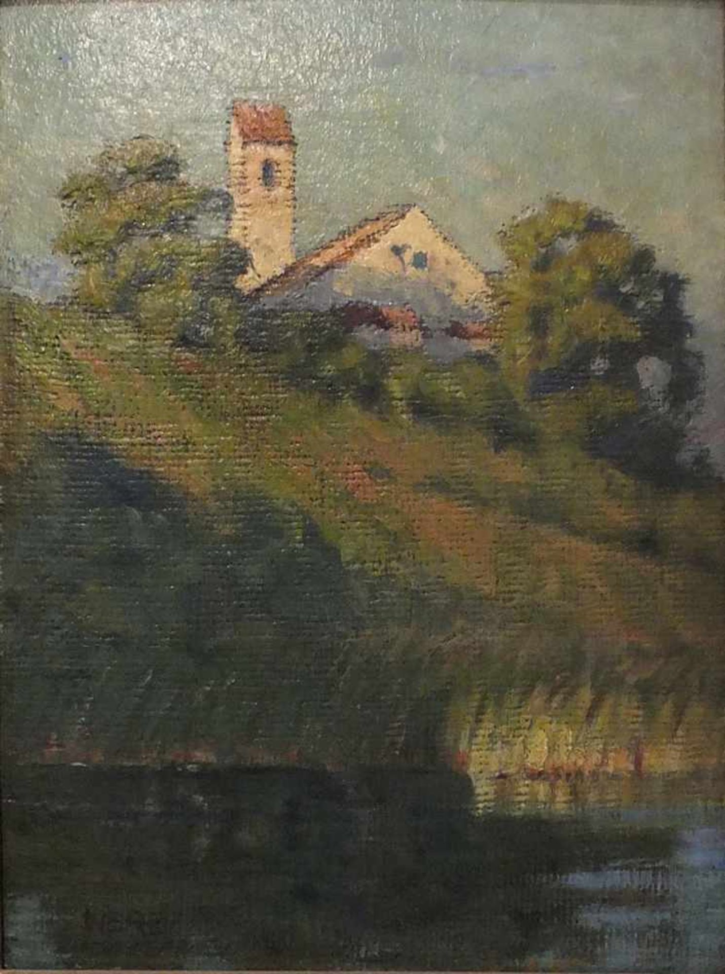 1 Ölgemälde "Landschaft mit Kirche" L.u. sign. NERZÖl/Karton ca. 33x24cm Ra. Asp.