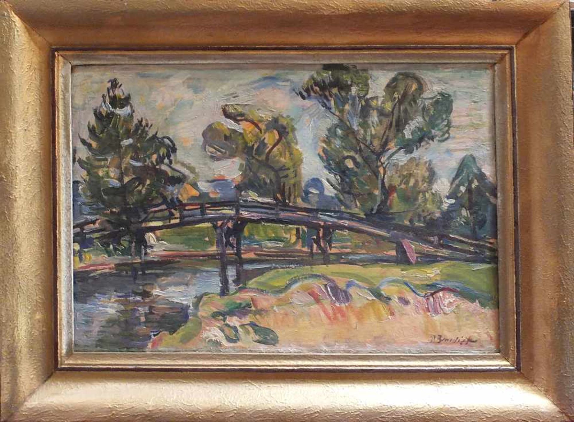 1 Ölgemälde "Landschaft mit Brücke" R.u. sign. P. BENEDICT(wohl Paul B. 1889-1952) Öl/Pl. ca. - Image 2 of 2