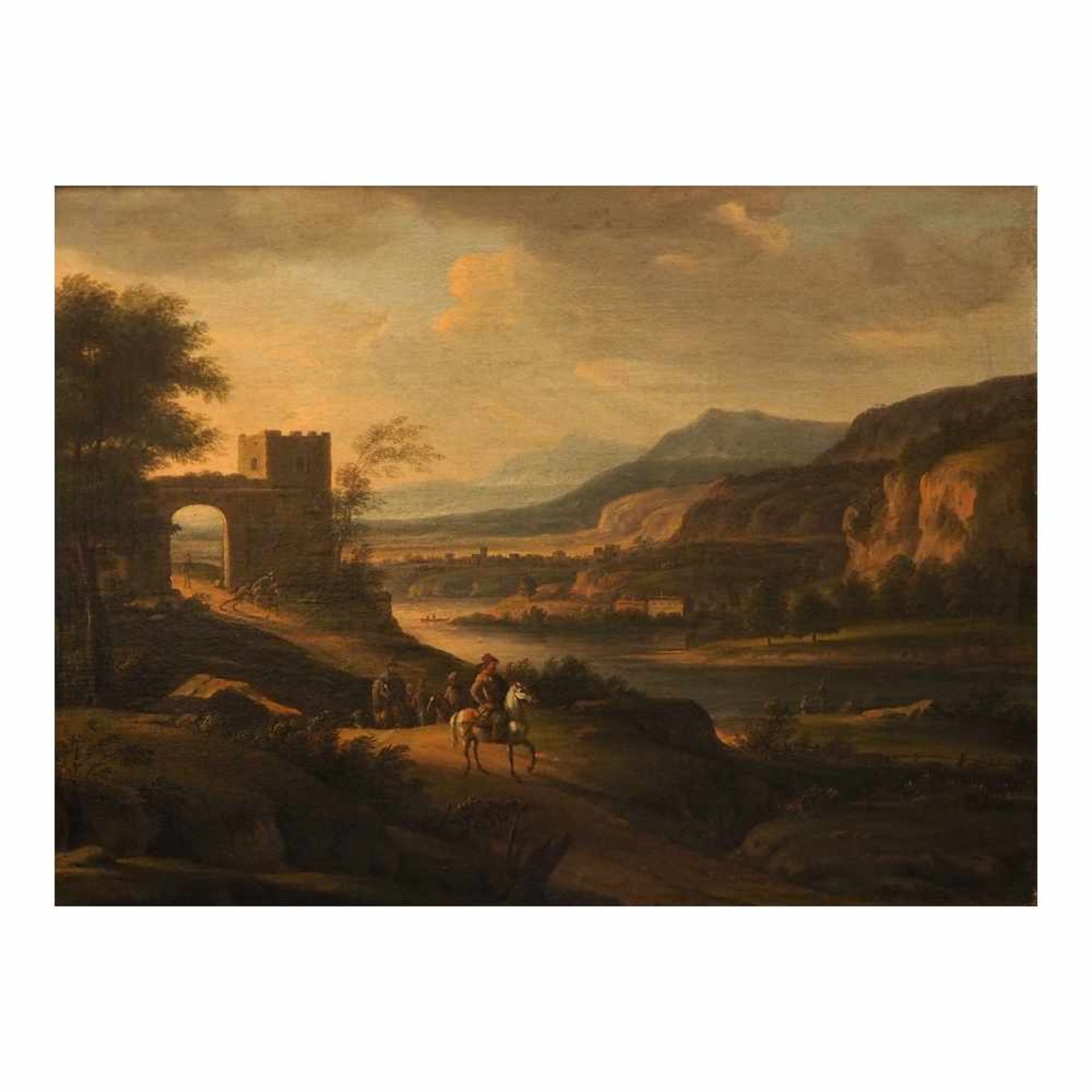1 Ölgemälde "Arkadische Landschaft mit Reiterstaffage" unsign.(wohl Peter VON BEMMEL 1685-1754) Öl/