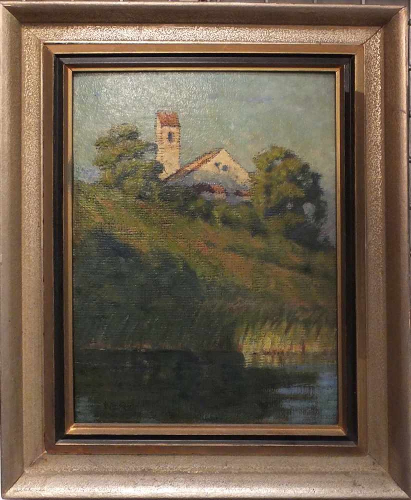 1 Ölgemälde "Landschaft mit Kirche" L.u. sign. NERZÖl/Karton ca. 33x24cm Ra. Asp. - Bild 2 aus 2