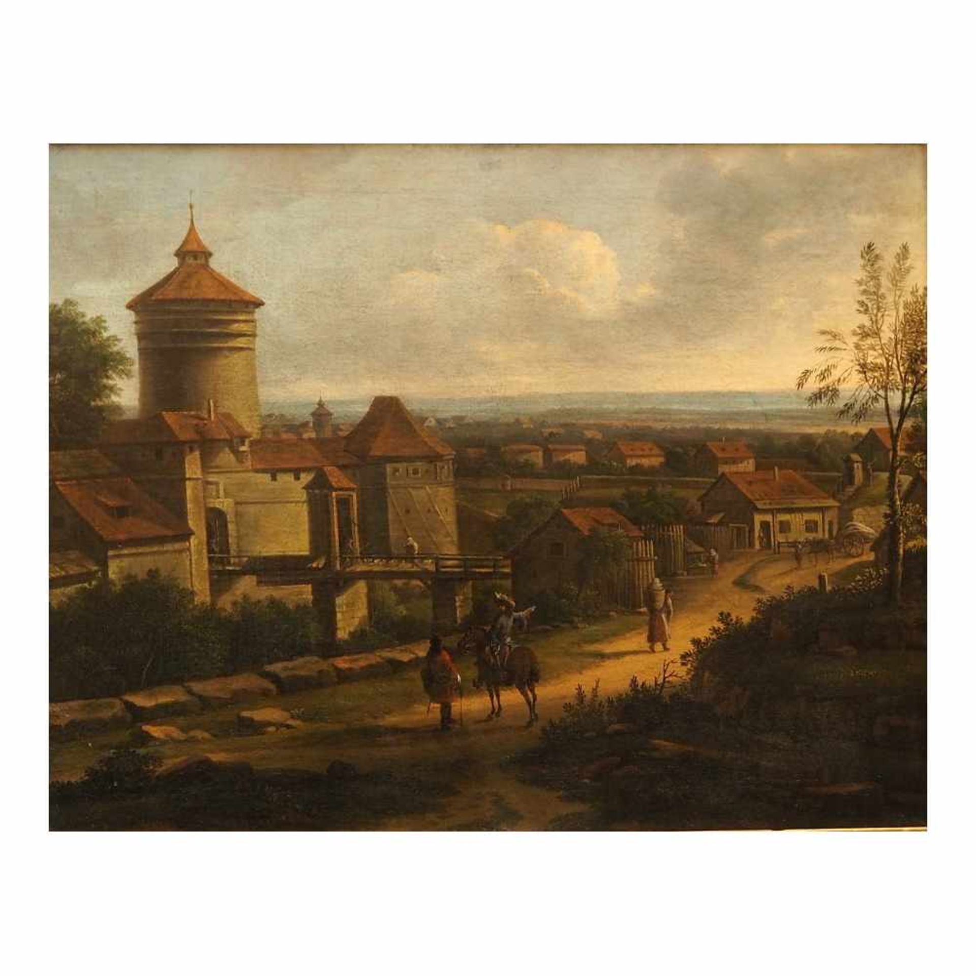 1 Ölgemälde "Spittlertor in Nürnberg" unsign.(wohl Peter VON BEMMEL 1685-1754) Öl/Pl. ca. 54x69cm