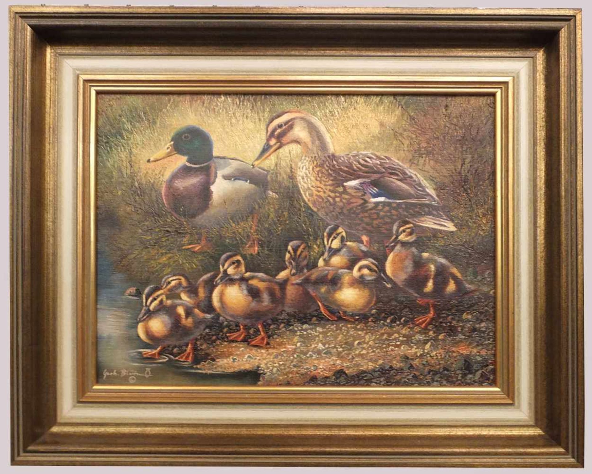 Ölgemälde "Entenfamilie", L.u. signiert Gerh. BLUHM,(wohl Prof. Gerhard B. 1927-2007), Öl/Lwd., - Bild 2 aus 2