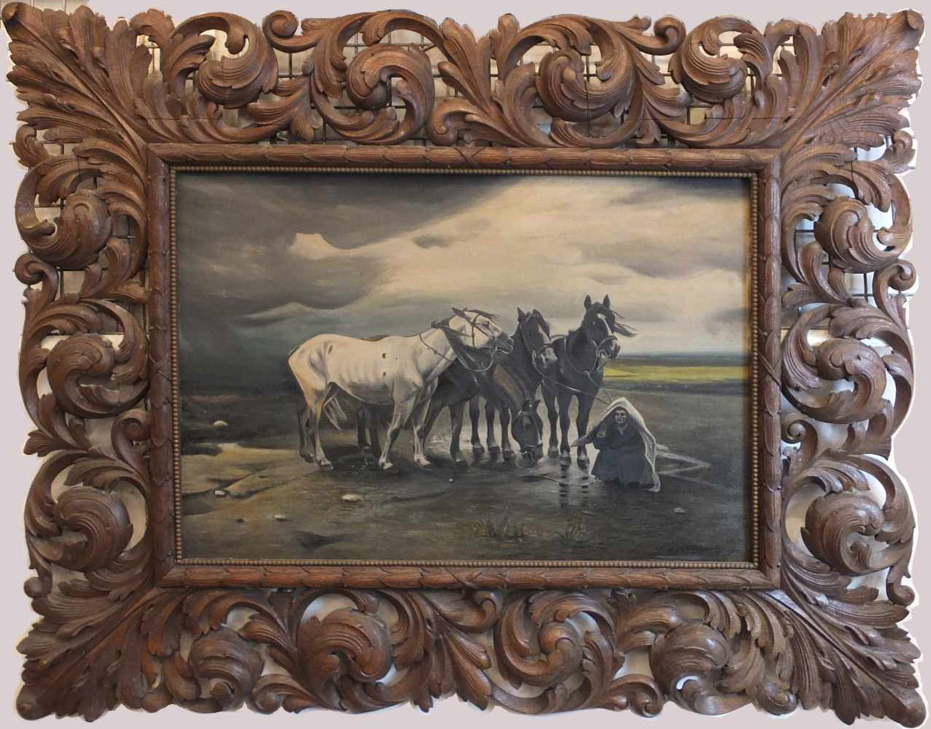 Ölgemälde "Rastende Pferde" R.u. signiertP. BÄRENFENGER, "Kopie", Öl/Holz, ca. 52x73cm, Rahmen reich - Image 2 of 2