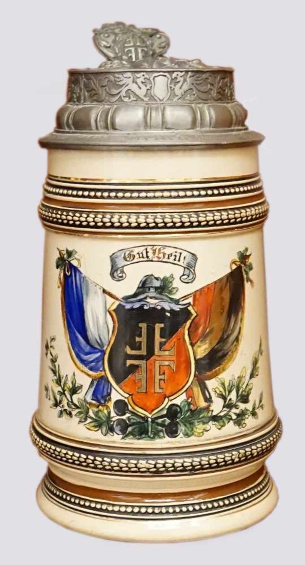 Bierkrug mit Zinndeckel "Gut Heil"mit Turnerkreuz im Wappen dat. 24./6./04 bem. Asp.