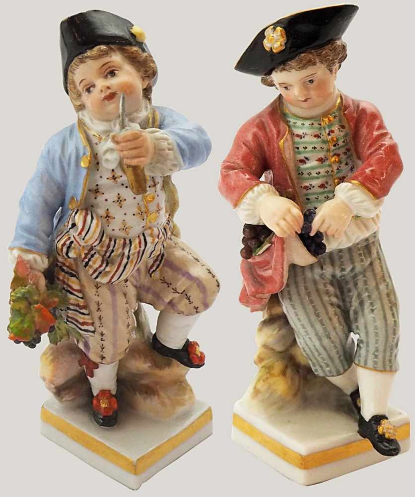 2 Figuren Porz. MEISSEN Knaufschwerter "Erfolgreiche Weintraubenernte"bem. goldstaff. H jew. ca.