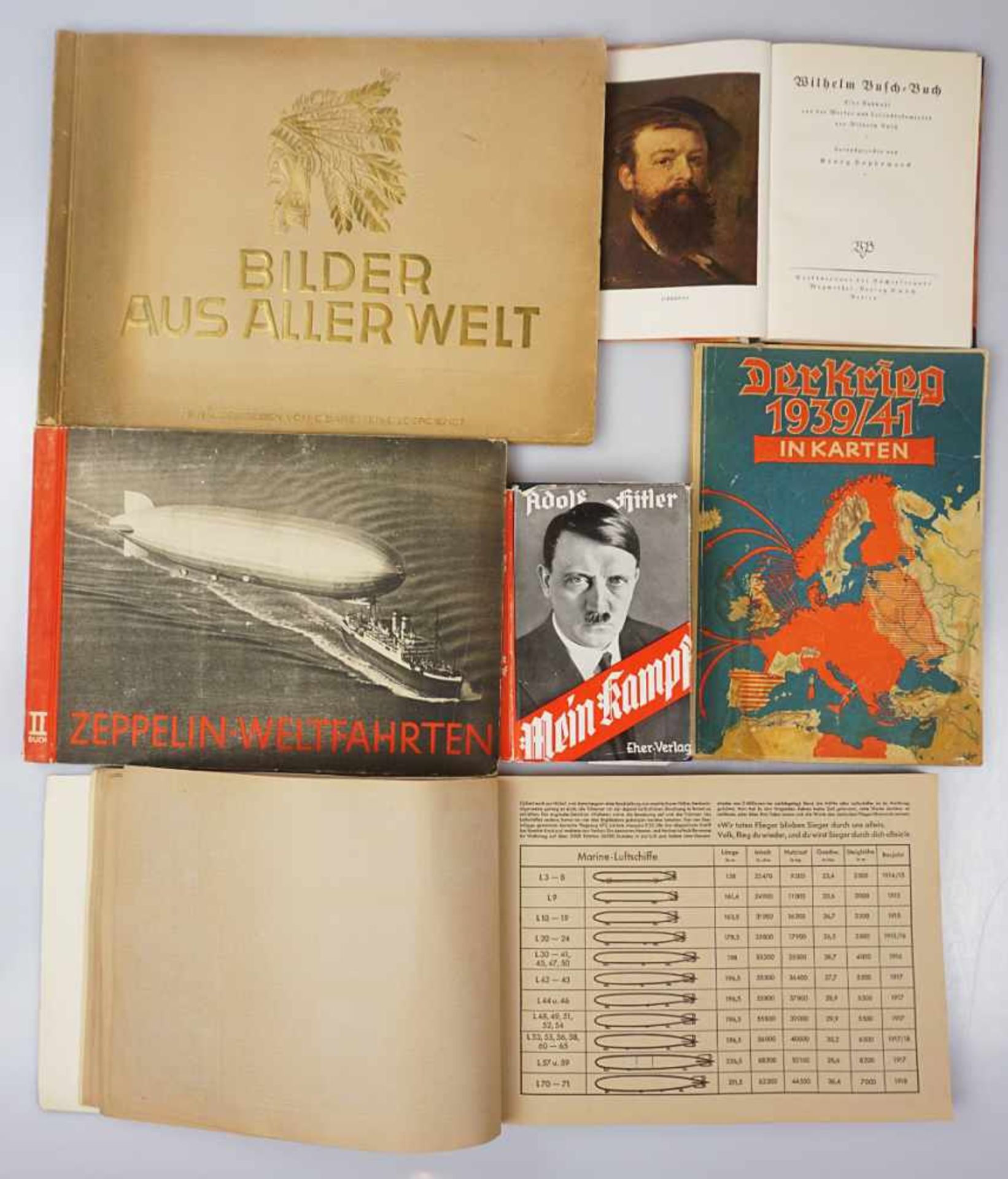 2 Bücher "Mein Kampf 1941" u.a. 3 Sammelbilderalben "Bilder aus Aller Welt" "Zeppeline" u.a.z.T.