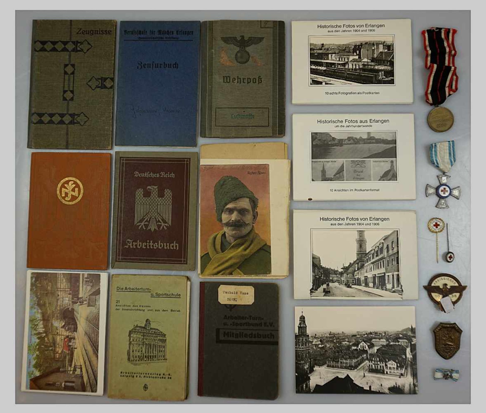1 Konv. Dokumente: Wehrpass, Arbeitsbuch, Postkarten u.a. z.T. 3. ReichOrden/Abzeichen: "N.S.B.O.