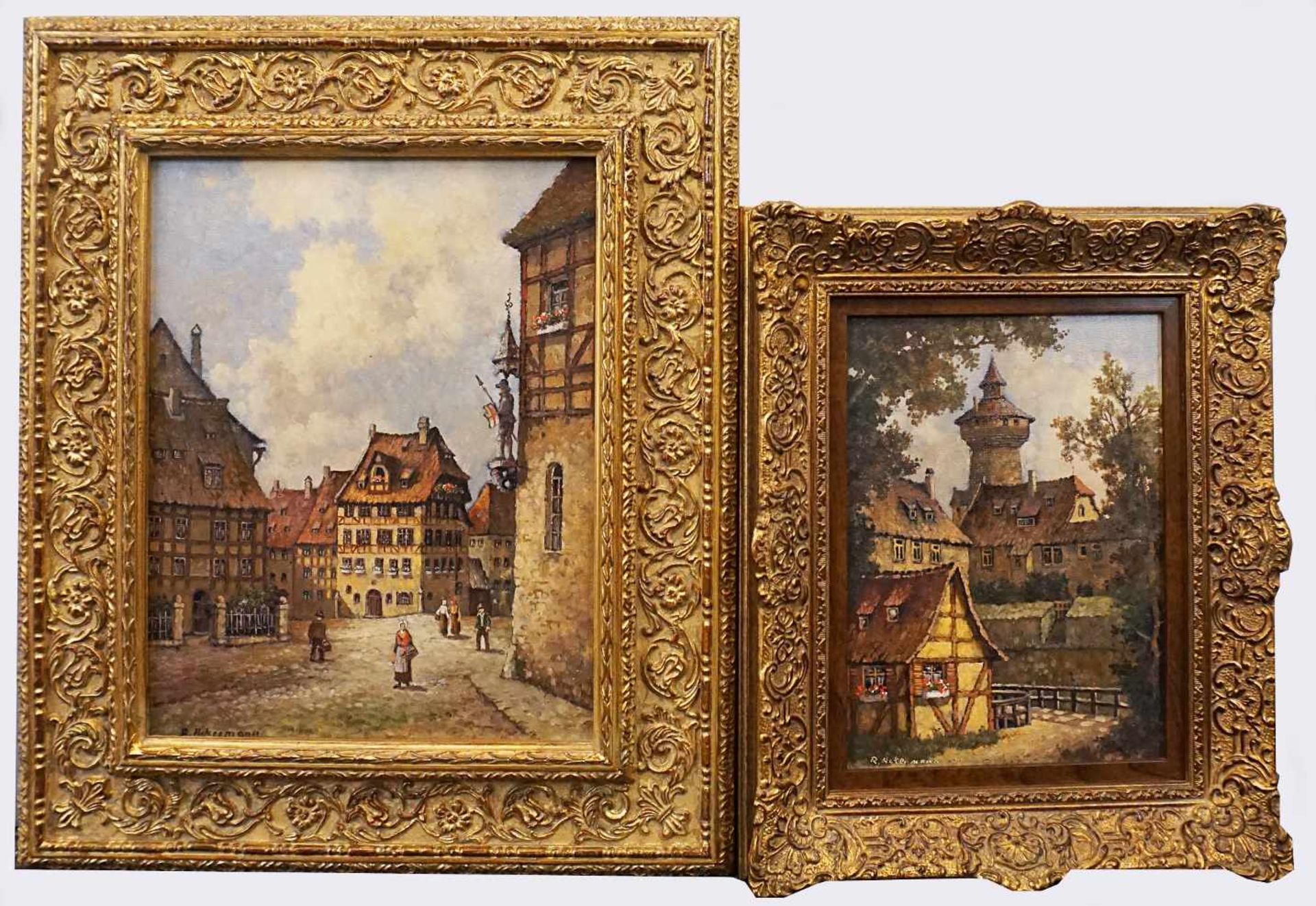 2 Ölgemälde, "Ansichten von Nürnberg", jew. sign. R. Ackermann20.Jh., Öl/Lwd., versch. Größen,