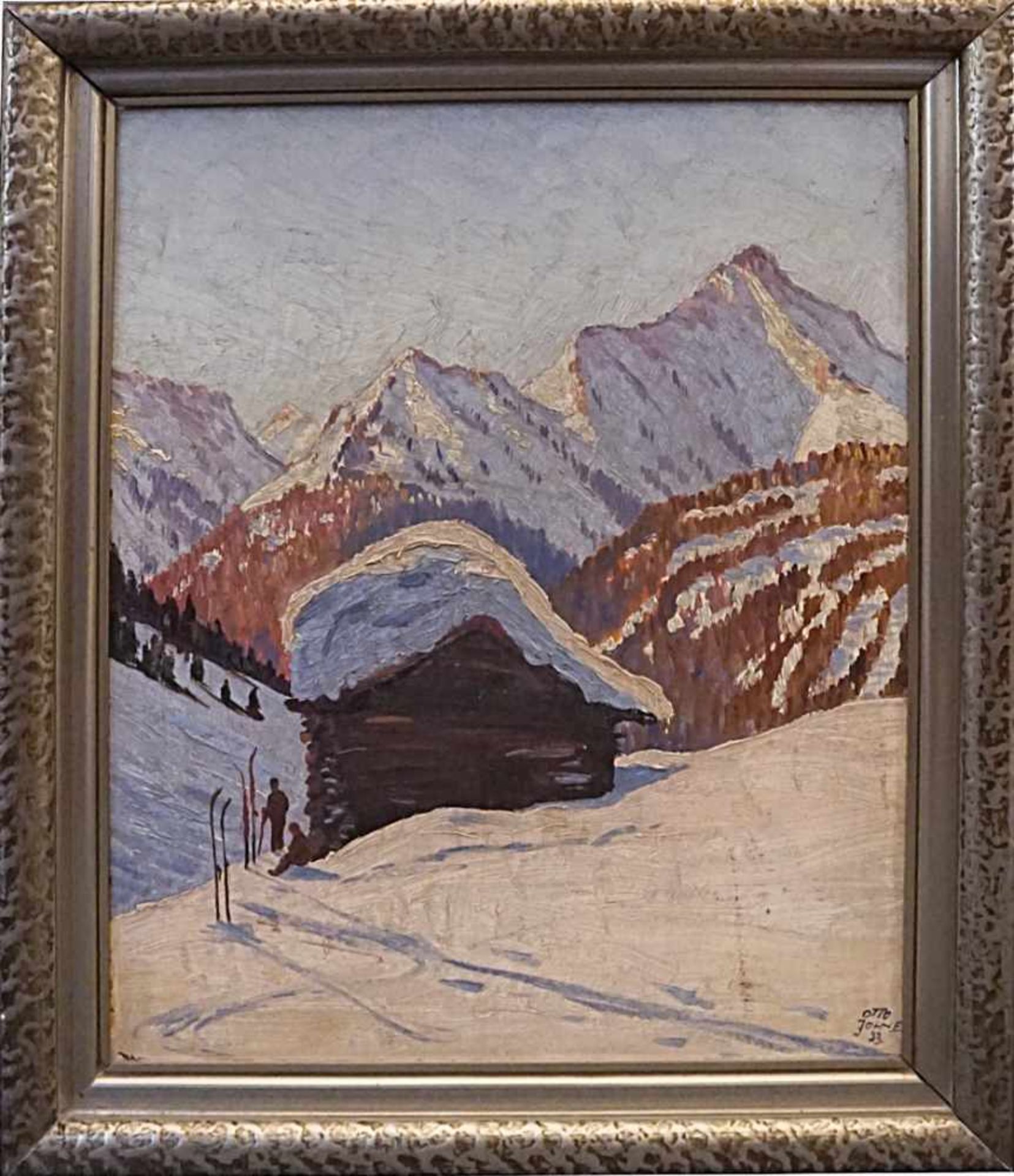 1 Ölgemälde "Winterlandschaft mit Skifahrern" R.u. sign. Otto JOHNE(wohl O. Franz J. 1904-1983) Öl/ - Image 2 of 2
