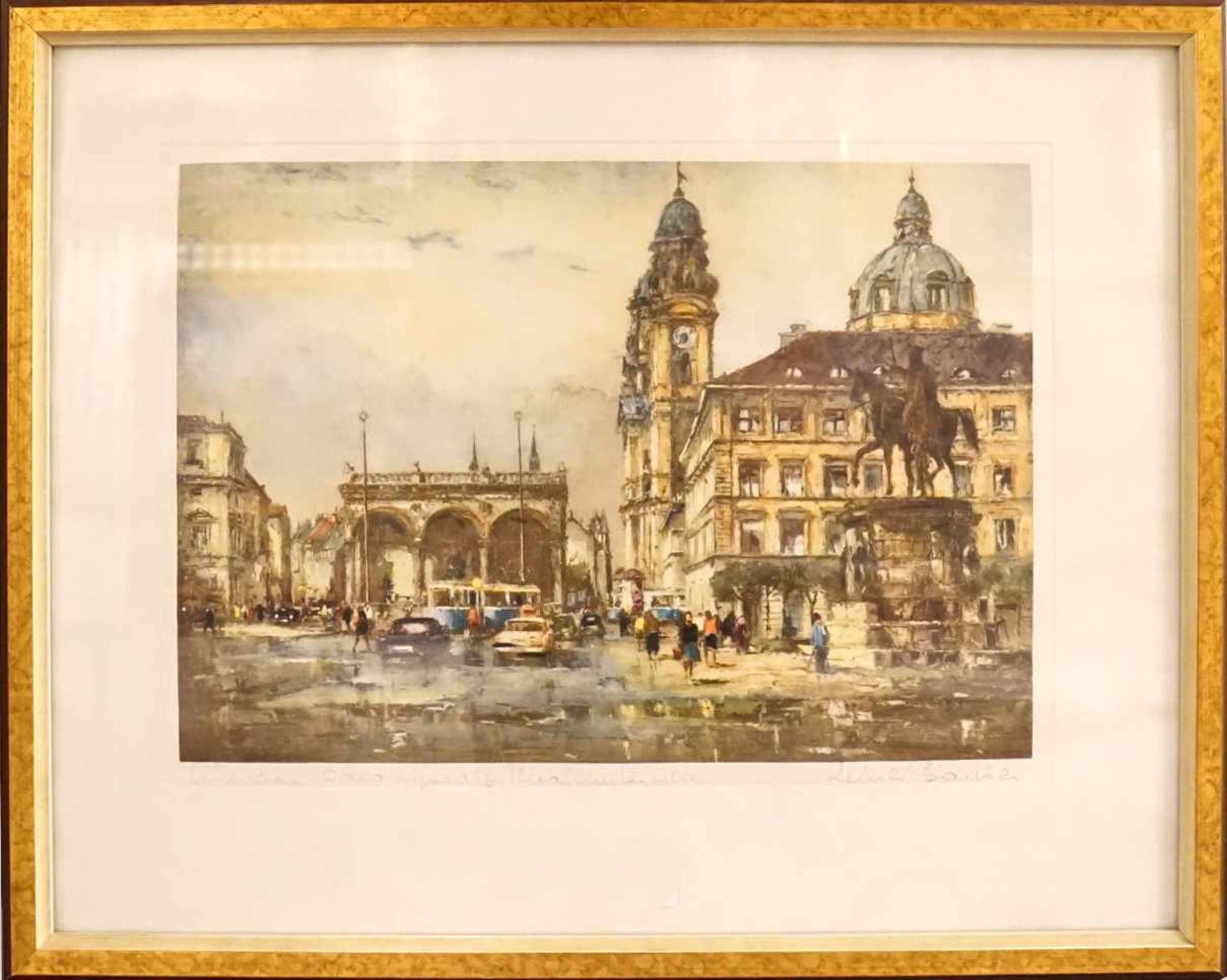 1 Grafik "Odeonsplatz in München mit Theatinerkirche" R.u. undeutl. sign.ca. 25x36cm RhG Asp. - Bild 2 aus 2