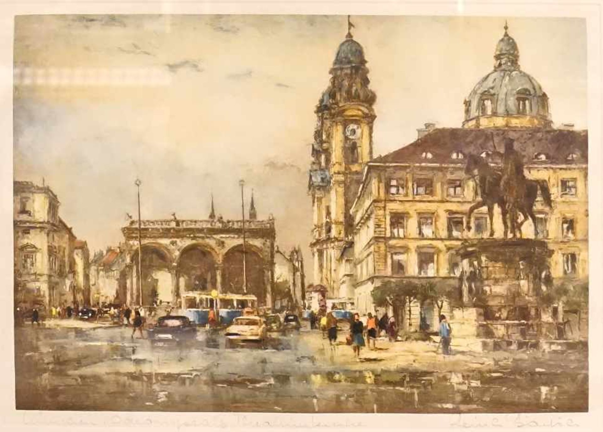 1 Grafik "Odeonsplatz in München mit Theatinerkirche" R.u. undeutl. sign.ca. 25x36cm RhG Asp.