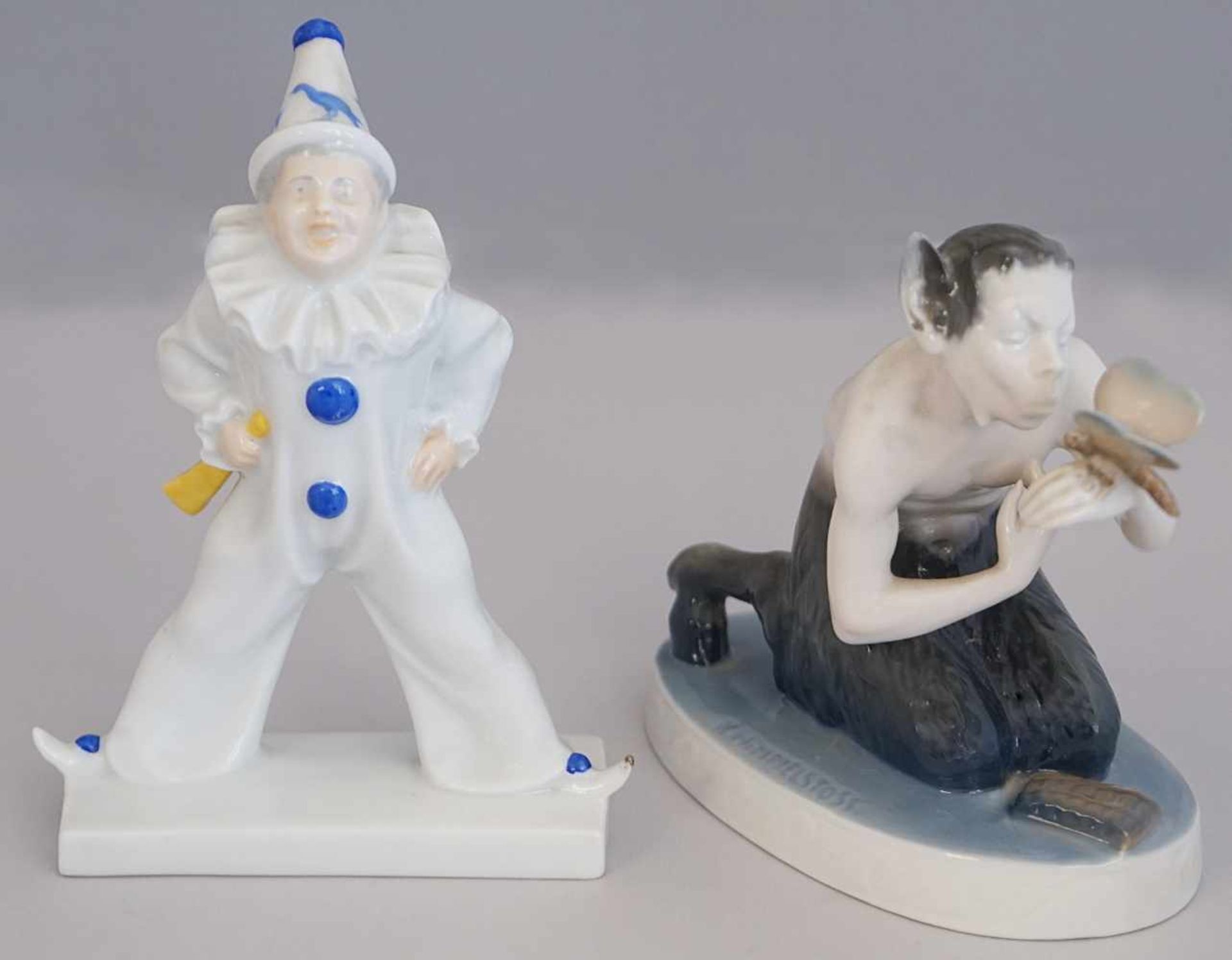 2 Figuren Porzellan ROSENTHAL "Harlekin" "Faun mit Schmetterling"z.T. Entwurf K. HIMMELSTOSS (1878-