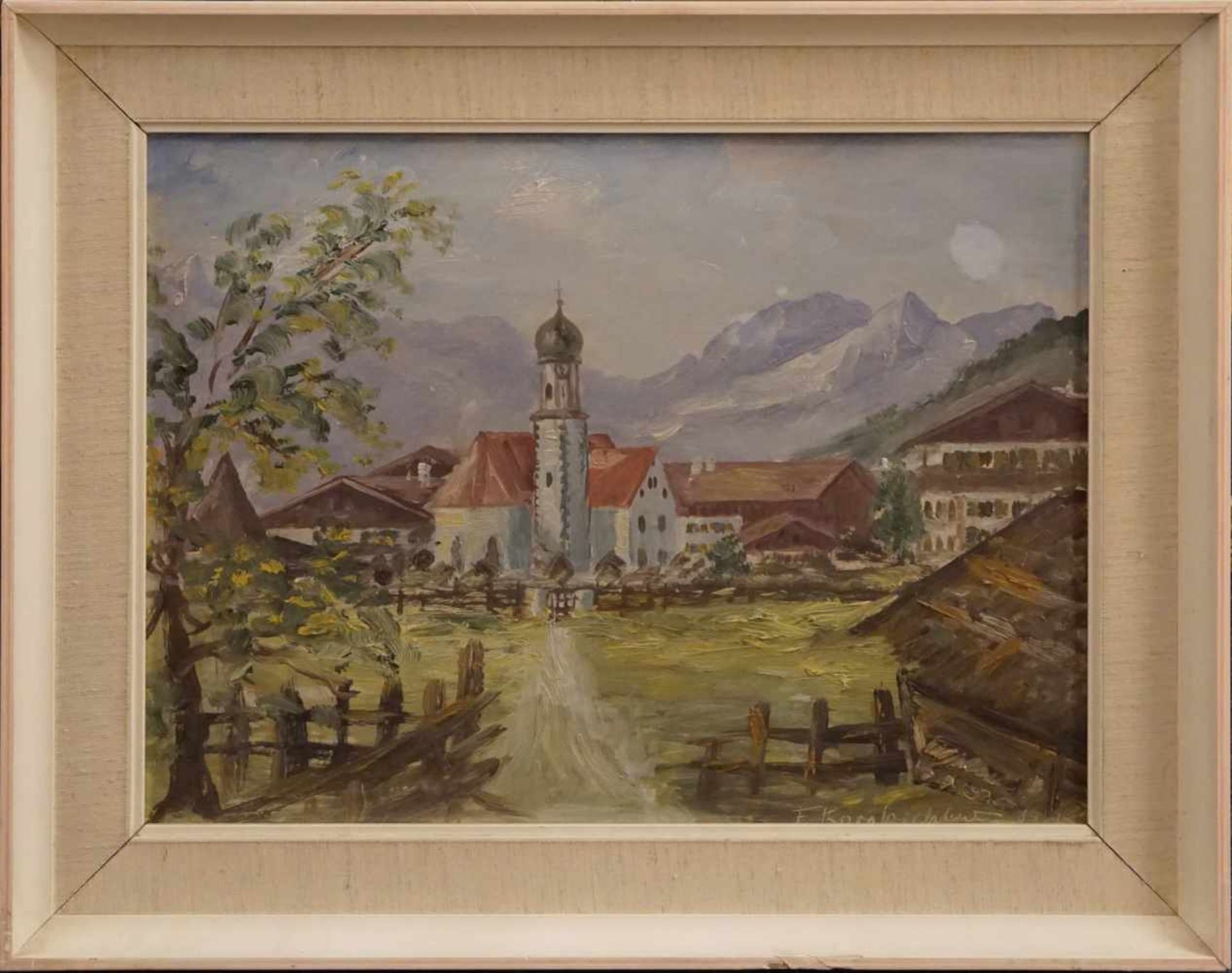 1 Ölgemälde "Wallgau mit Kirche" R.u. sig. F. KORNBICHLER(wohl Franz K. 1909-1980) Öl/Pl. ca. - Image 2 of 2