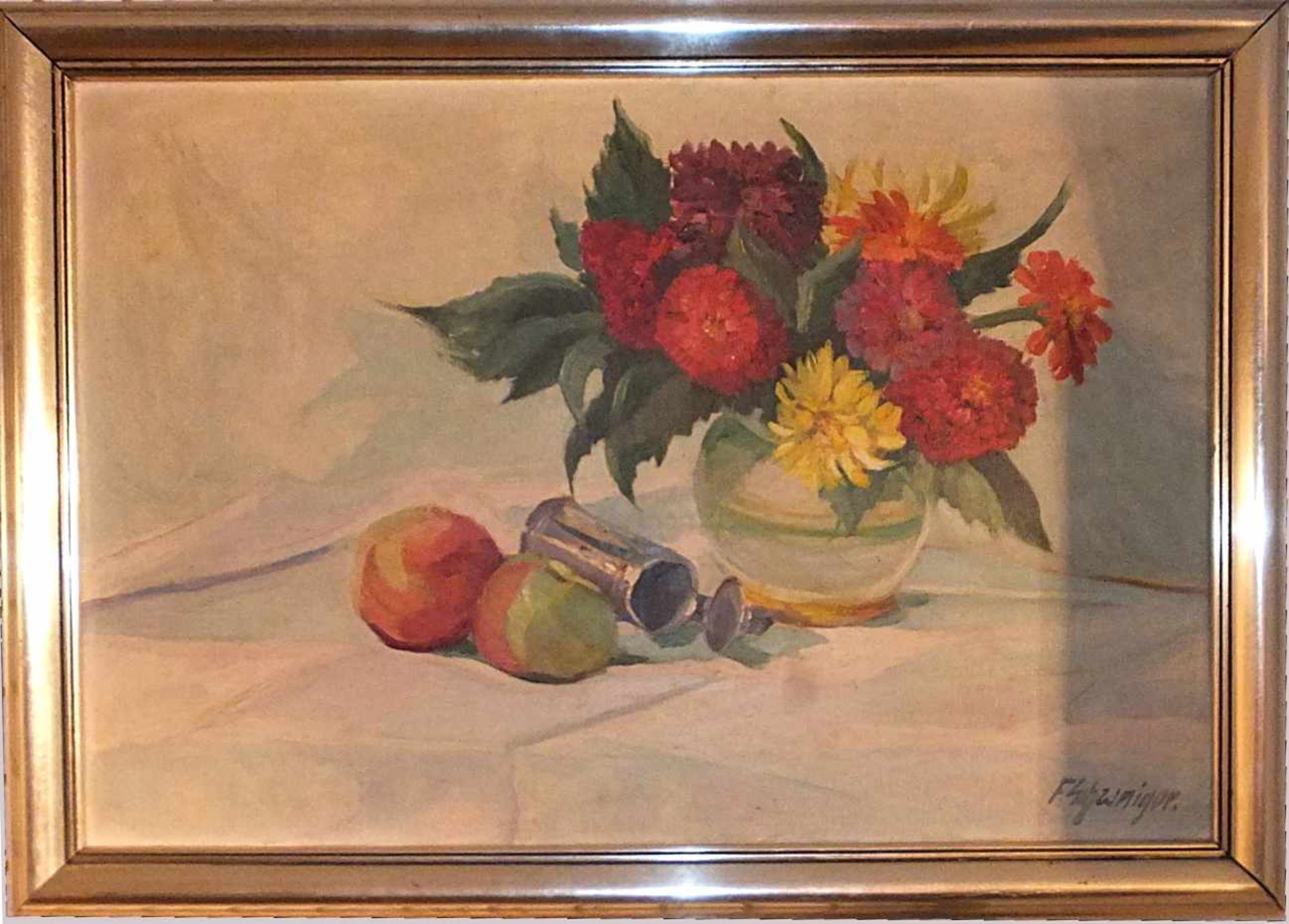1 Ölgemälde "Stillleben mit Äpfeln" R.u. signiert F. SCHWAIGER(wohl Fritz S. 1878-1953), Öl/Lwd., - Image 2 of 2